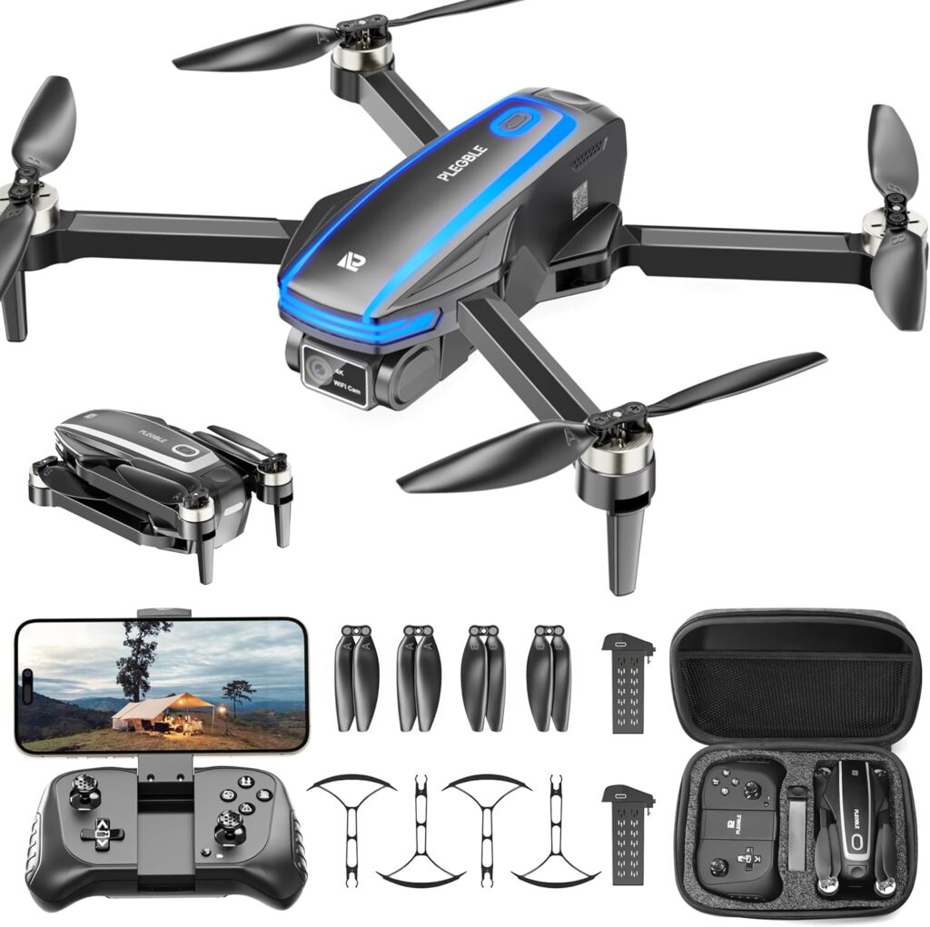 PLEGBLE Drones with Camera for Adults 4K Brushless Motor Drone for Kids Beginners, FPV Foldable RC Quadcopter with Propeller Guards, 2 Batteries, 1500mAh