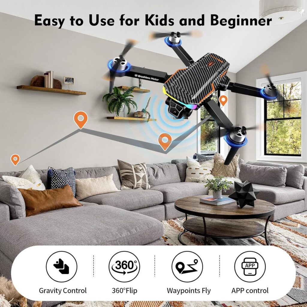 Drone with Camera for Kids and Adult Beginners,Foldable FPV,Brushless Motor,One Key Take Off/Land, Optical Flow Positioning, 360° Flip, Waypoint Fly,2Battery,Gift for adults,kids,beginners