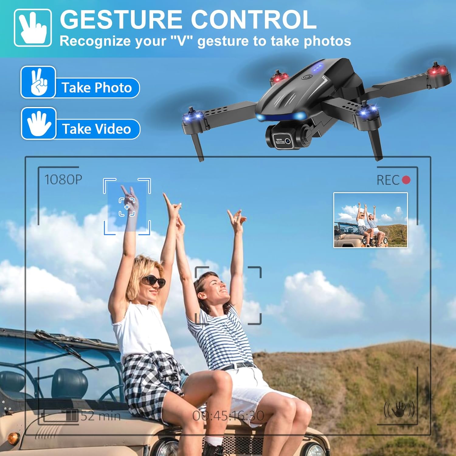 Foldable FPV Drone with 1080P HD Camera for Kids Adults, 2 Batteries, One Key Take Off/Land, Altitude Hold, Headless Mode, 360Flip, 3 Speed Modes, Waypoint Fly
