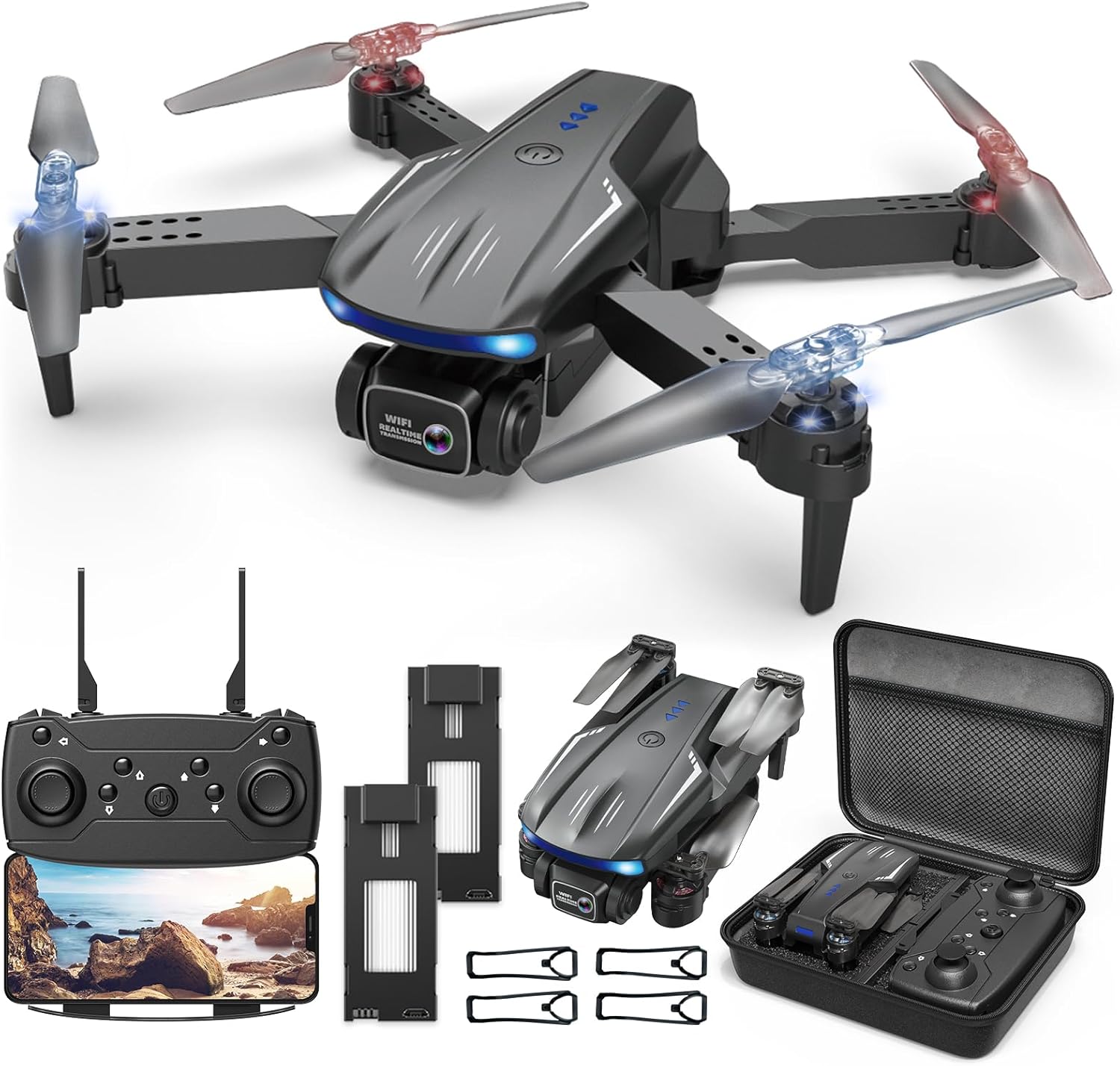 Foldable FPV Drone with 1080P HD Camera for Kids Adults, 2 Batteries, One Key Take Off/Land, Altitude Hold, Headless Mode, 360Flip, 3 Speed Modes, Waypoint Fly