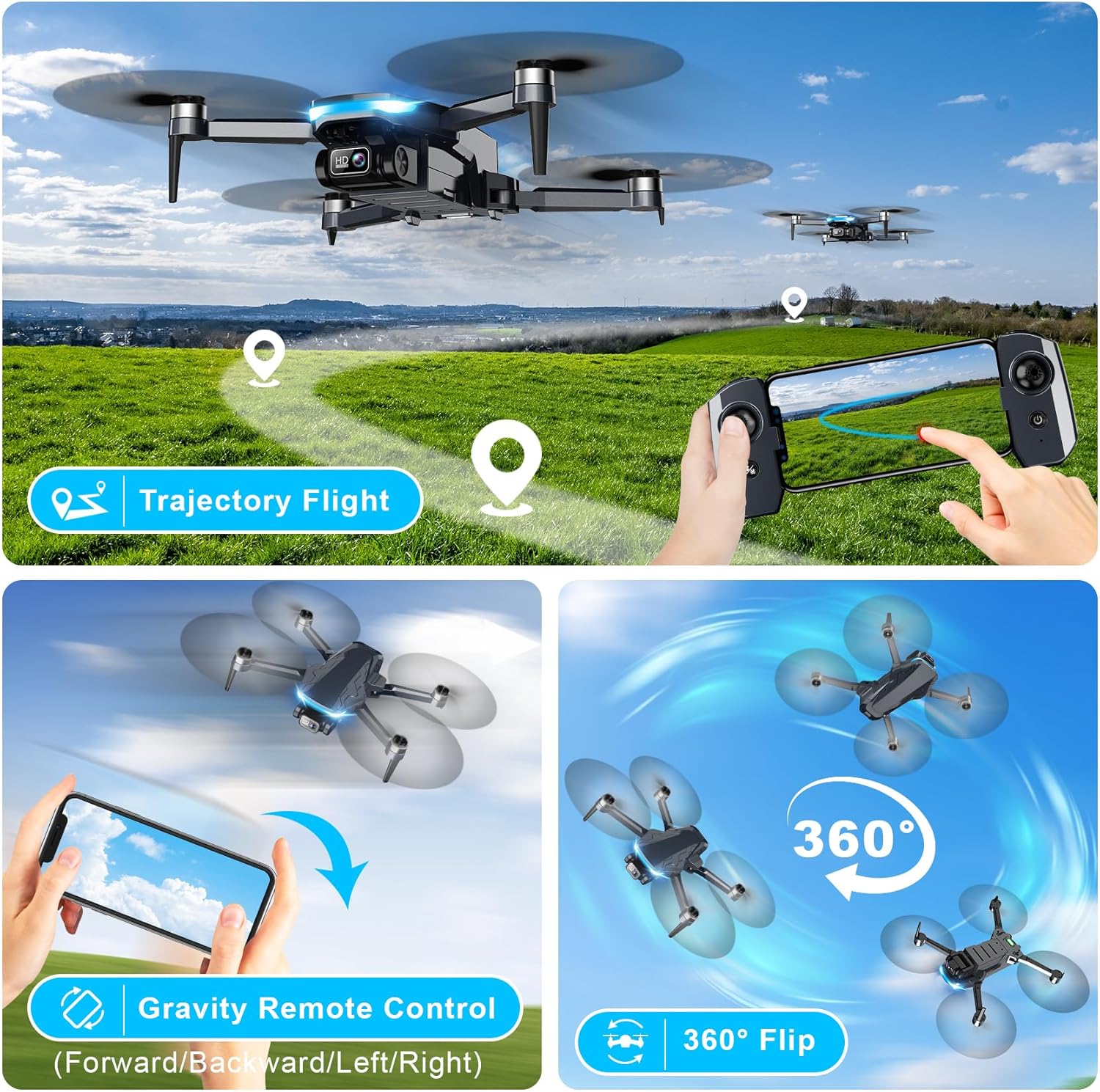 Drone with Camera, 2K HD FPV Drone with Brushless Motor, 360°Flip, Waypoint Fly, Gesture Selfie, One Key Take Off/Landing, Foldable Mini Drone for Beginners