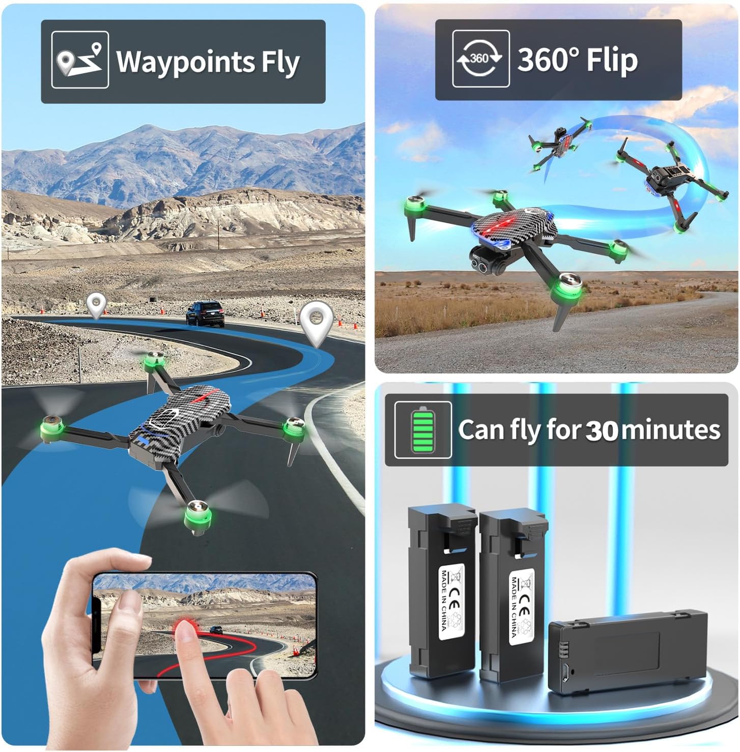 Drone with camera, equipped with HD 4K FPV dual cameras, foldable brushless motor drone, cool colored lights, optical flow positioning, 360° flip, over-distance warning reminder, suitable for adult beginners
