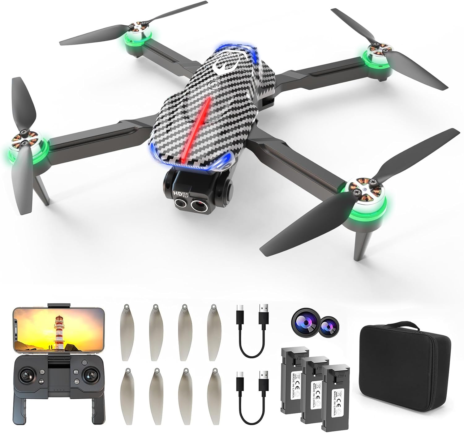Drone with camera, equipped with HD 4K FPV dual cameras, foldable brushless motor drone, cool colored lights, optical flow positioning, 360° flip, over-distance warning reminder, suitable for adult beginners
