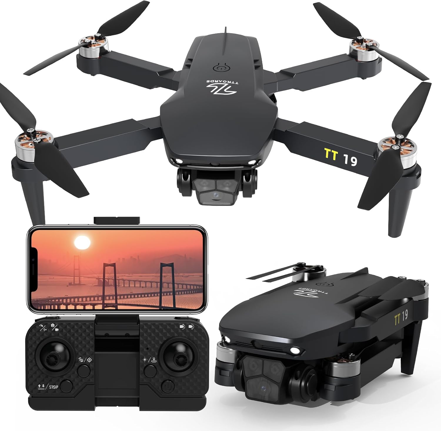 Drone with Camera for Beginners Obstacle Avoidance RC Drone for Adults Brushless Motor 1080P HD Camera FPV Foldable Mini Quadcopter 3D Flips Altitude Hold TT19 UAV with Propeller Guards