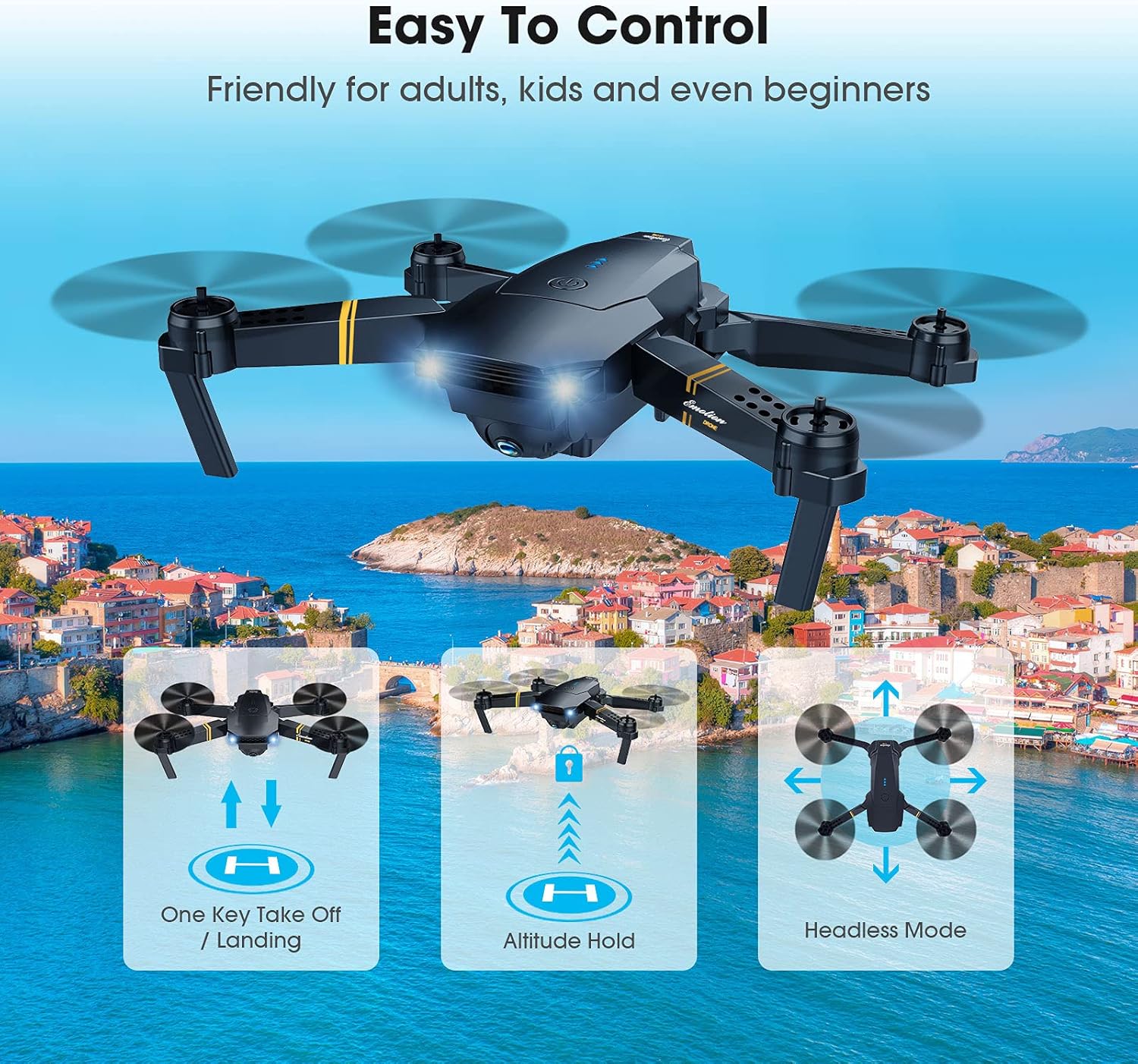 Drones with Camera for Adults, Foldable RC Quadcopter, Helicopter Toys, 1080P FPV Video Drone for Beginners, 2 Batteries, Carrying Case, One Key Start, Altitude Hold,Headless Mode,3D Flips