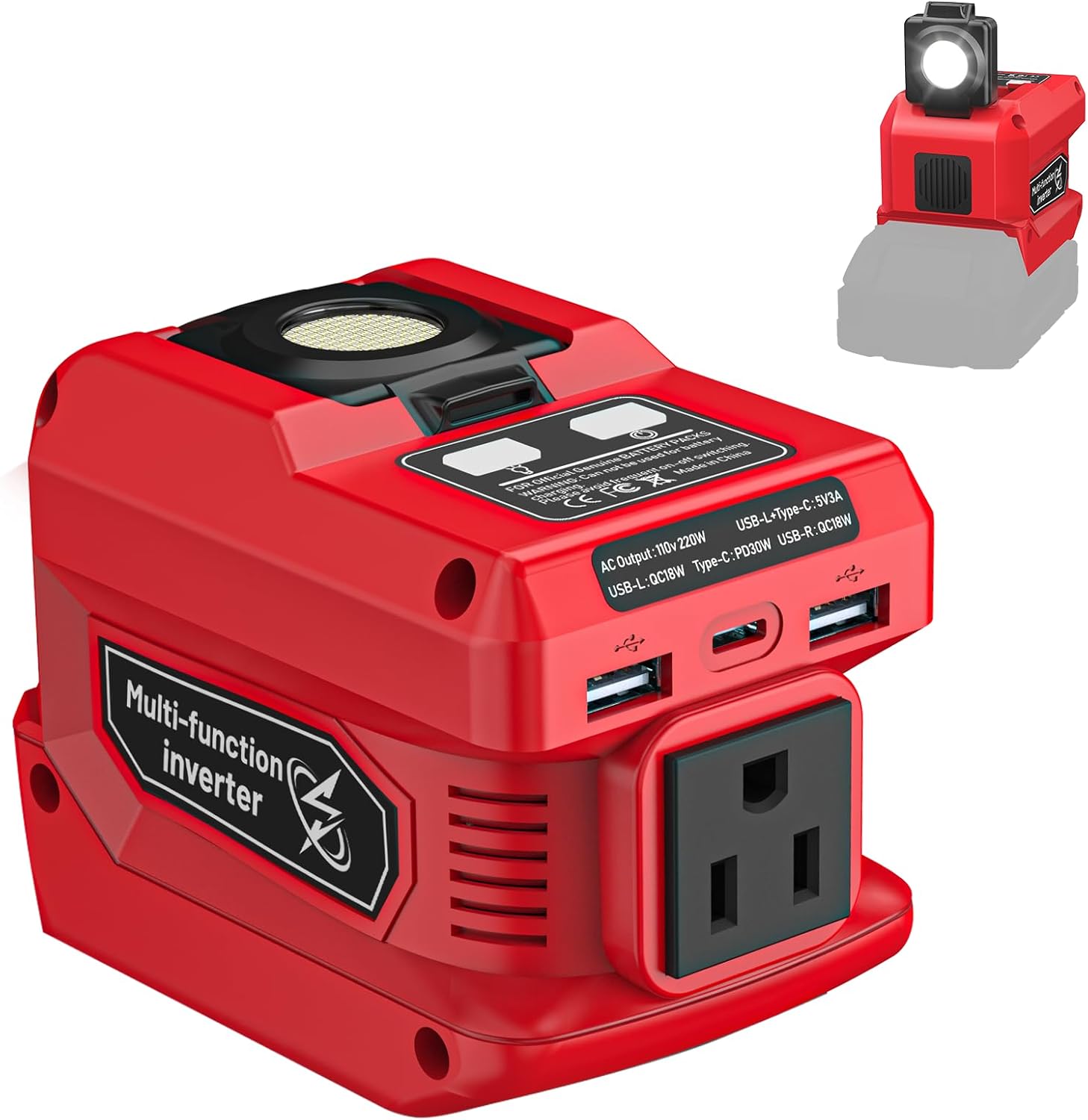 220W Power Inverter Compatible with Milwaukee 18V Battery, DC 18V to AC 110V Portable Power Station with 1 AC Outlet, 2 USB Ports 1 Type-C Fast Charging, 400LM LED Work Light