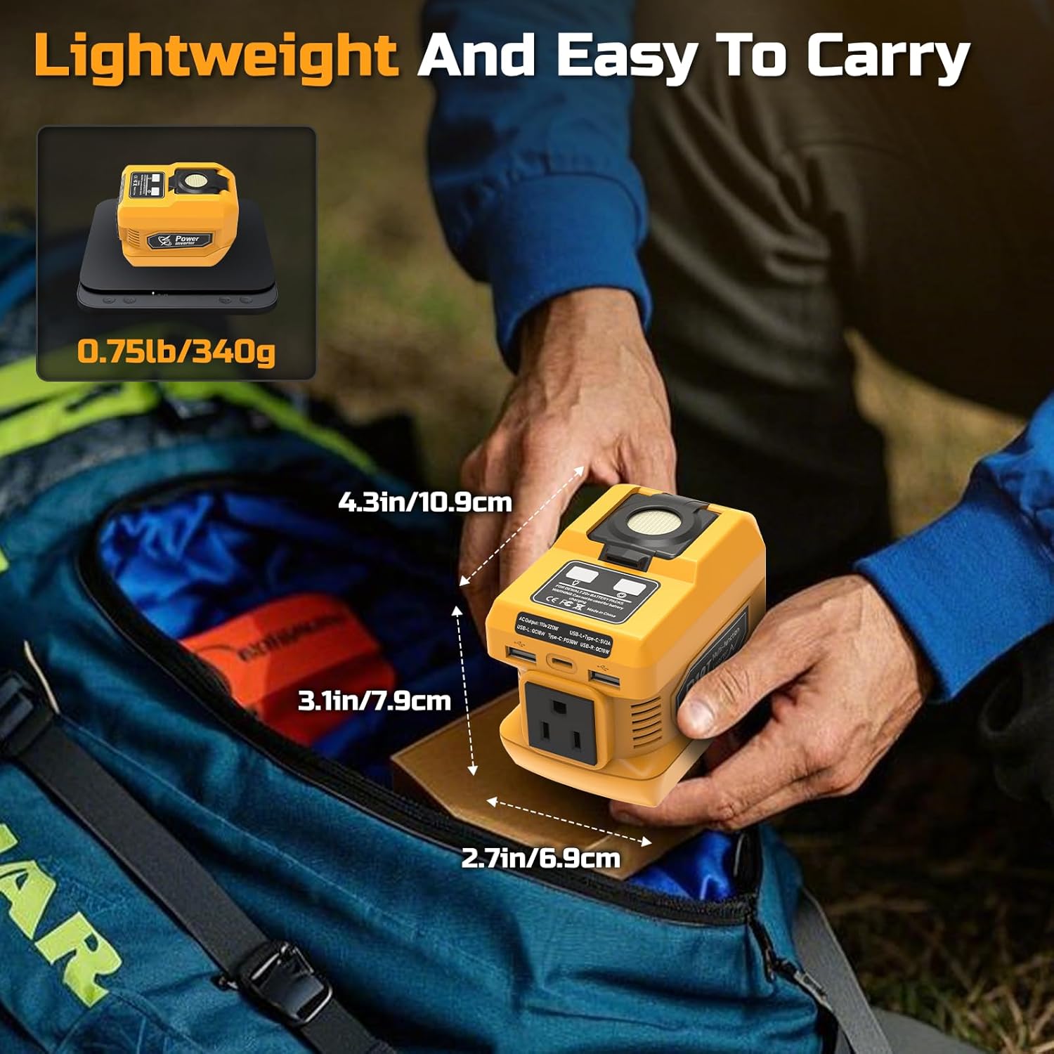 220W Power Inverter for Dewalt 20V Battery, DC 20V to AC 110V Battery Inverter, Portable Power Station Generator with 1 AC Outlet, 2 USB Ports 1 Type-C Fast Charging, 400LM LED Work Light
