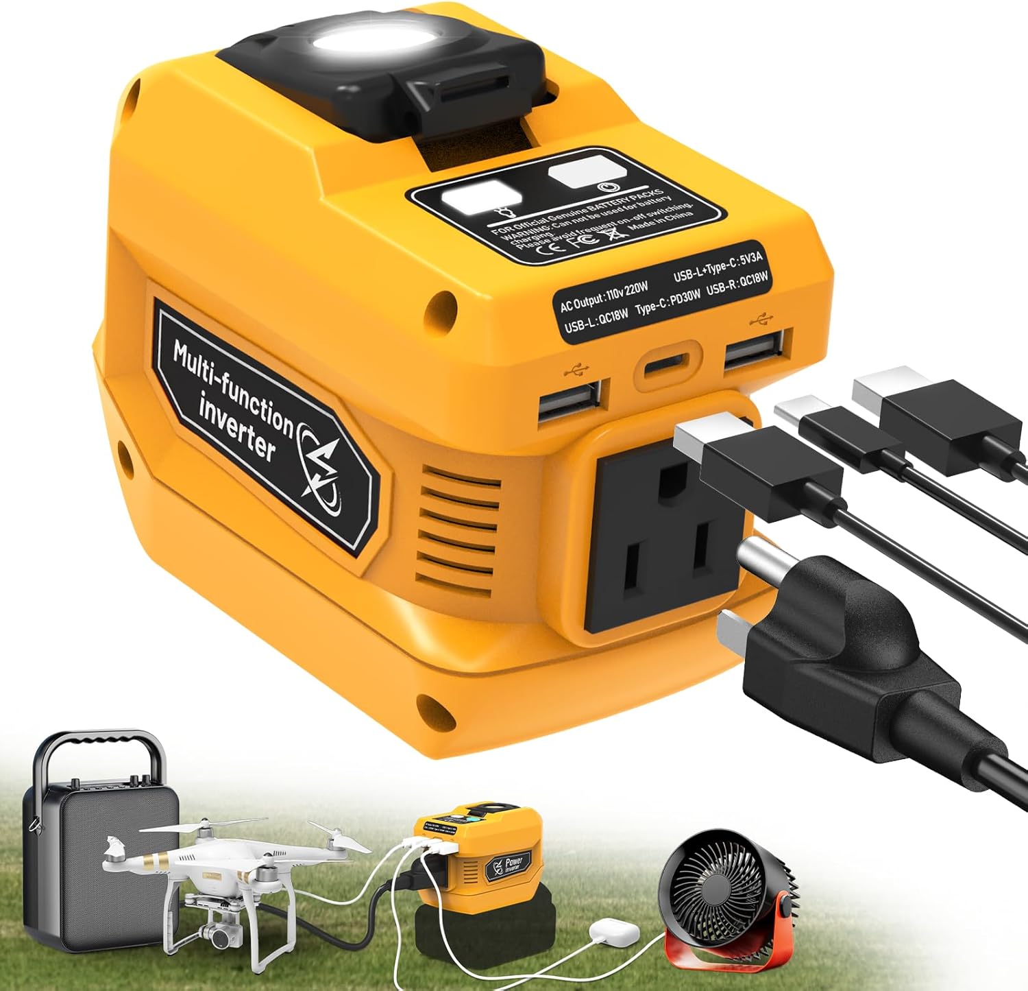220W Power Inverter for Dewalt 20V Battery, DC 20V to AC 110V Battery Inverter, Portable Power Station Generator with 1 AC Outlet, 2 USB Ports 1 Type-C Fast Charging, 400LM LED Work Light