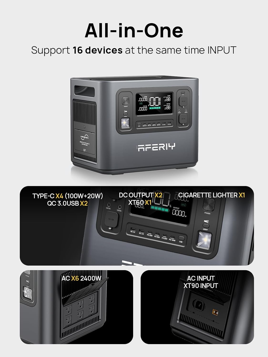 AFERIY P210 Portable Power Station 2400W,2048Wh LiFePO4 Battery Generator with 1100W AC Charging 500W Solar Charging,for Home Backup,Power Outages, Camping【Pure Sine Wave AC Input Output Only】