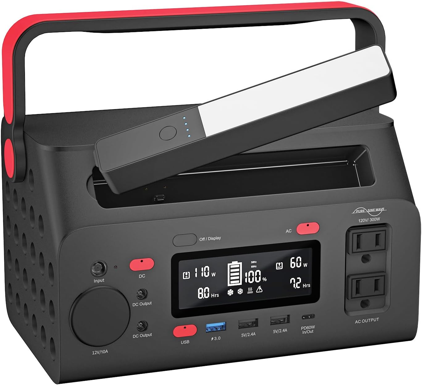 Energizer 293W Portable Power Station, Flashlight, Lithium, Solar Generator, 120V/300W(Peak 600W) Pure Sine Wave AC Outlet, 60W USB-C PD, Case, Outdoor, Home Emergency, Power Outage, RV, Camping, CPAP