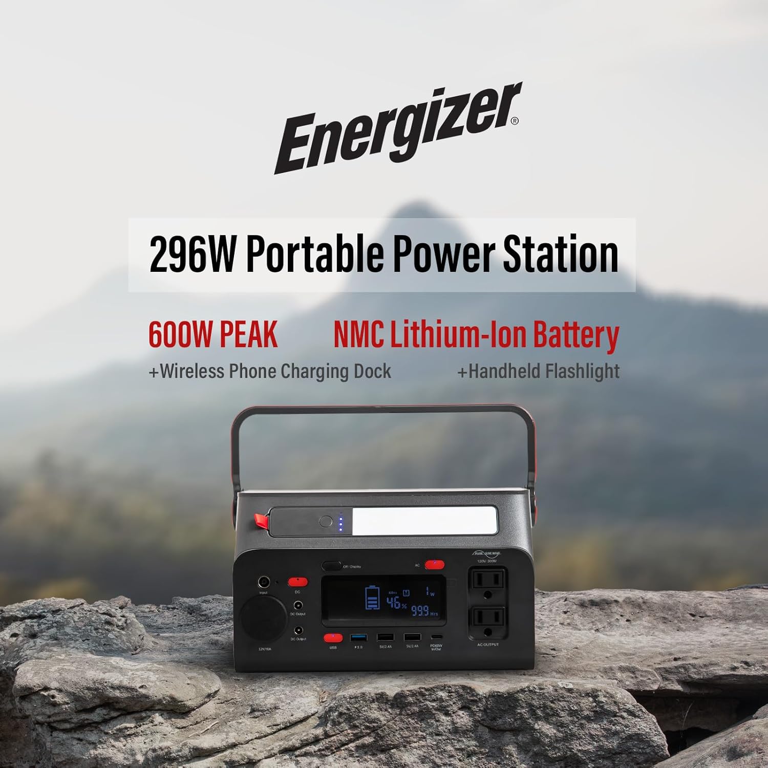 Energizer 293W Portable Power Station, Flashlight, Lithium, Solar Generator, 120V/300W(Peak 600W) Pure Sine Wave AC Outlet, 60W USB-C PD, Case, Outdoor, Home Emergency, Power Outage, RV, Camping, CPAP