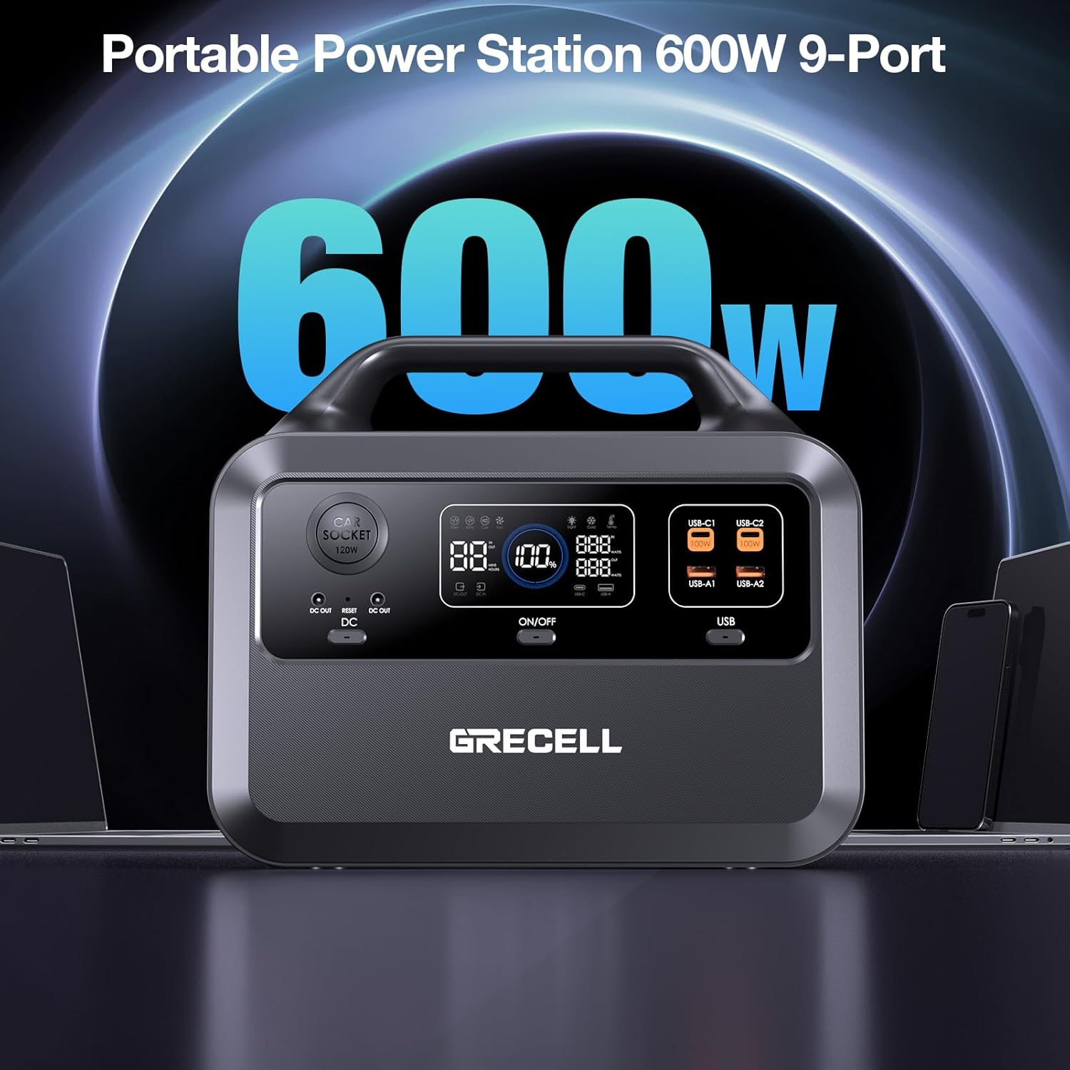 GRECELL Portable Power Station 300W, 230Wh LiFePO4 (LFP) Battery, 1.5hrs Fast Charging, 2 Up to 300W(Peak 600W) AC Outlets, Solar Generator for Outdoor Camping/RVs/Home Use
