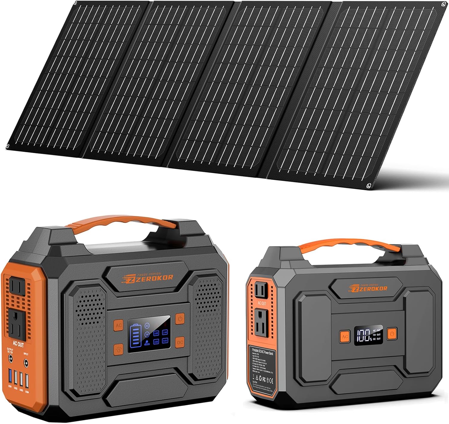 Portable Solar Generator with Panel, 300W Portable Power Station with Foldable 40W Solar Panel, 110V AC Outlet Camping 100W Solar Power Bank Lithium Battery Pack for Home Use RV Outdoor Power Outage