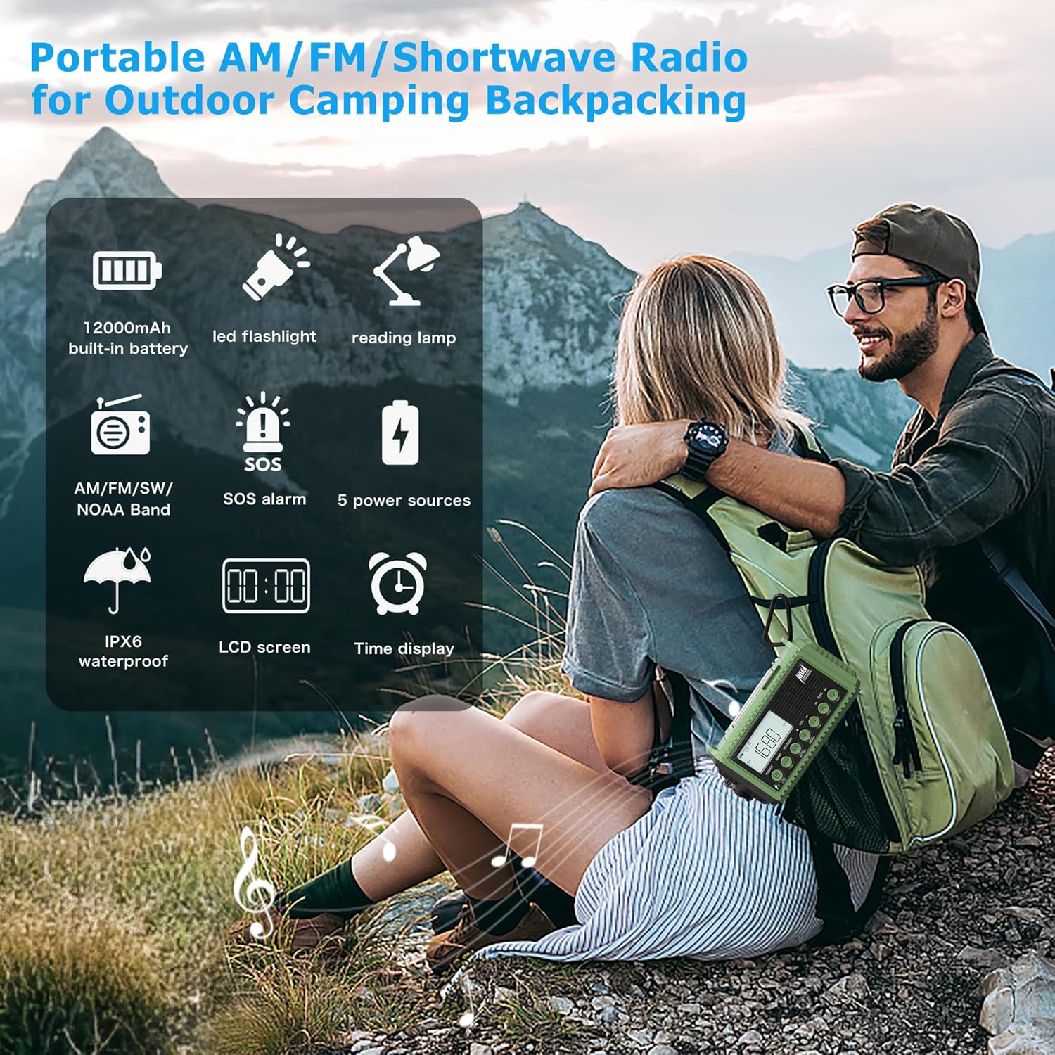 12000mAh/44400mWh Weather Radio, Hand Crank Emergency Radio Portable AM FM Shortwave, Solar Rechargeable Battery Powered Radio with NOAA Alert, USB-C Charger  Adapter, SOS Flashlight for Emergency