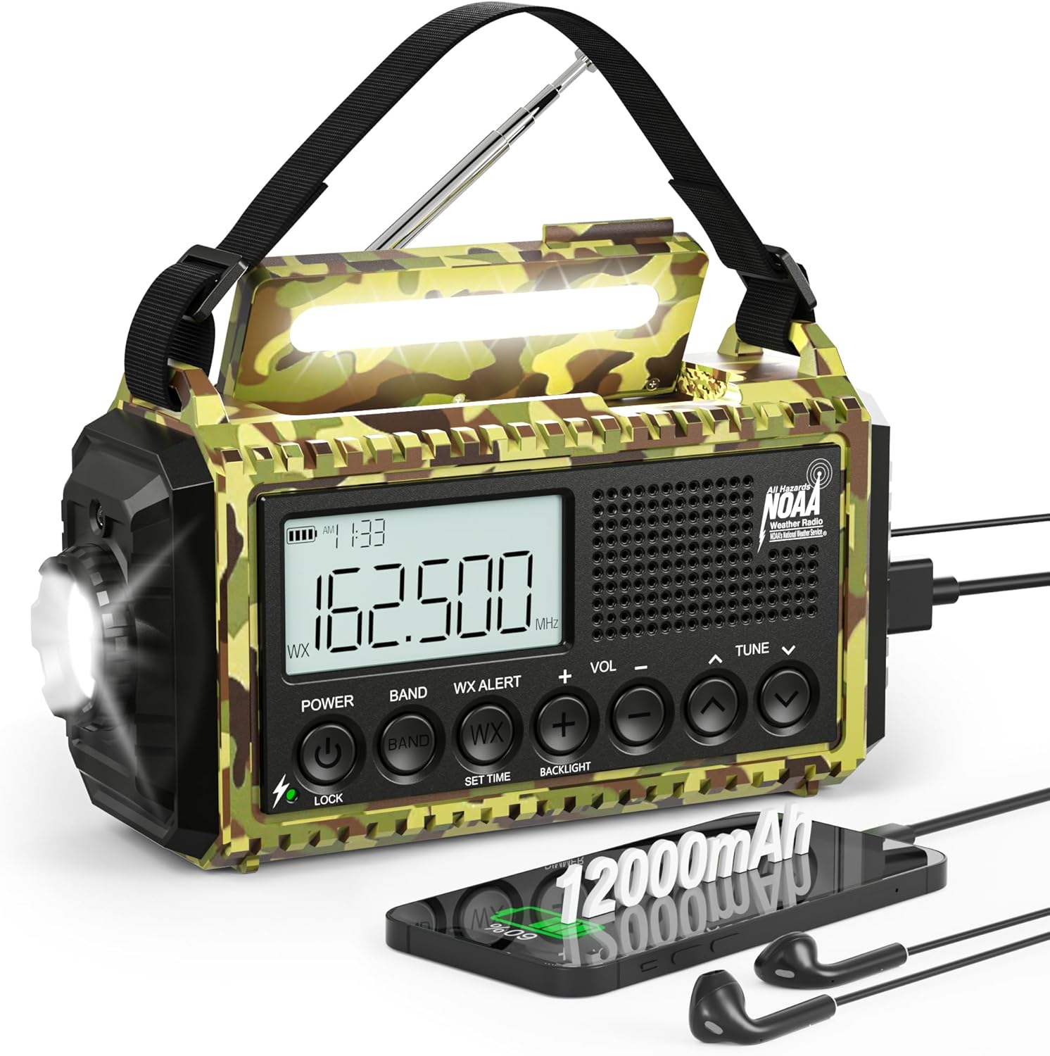 12000mAh/44400mWh Weather Radio, Hand Crank Emergency Radio Portable AM FM Shortwave, Solar Rechargeable Battery Powered Radio with NOAA Alert, USB-C Charger  Adapter, SOS Flashlight for Emergency