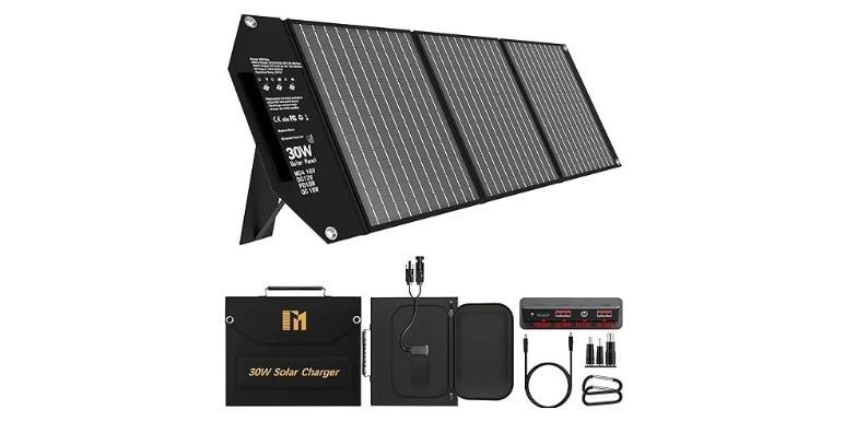 30W Portable Solar Charger Foldable Solar Panel with USB C and USB A 18V MC4 12V DC for Camping Backpacking Travel Fast Charging for iPhone LG Google Cell Phone Power Bank Generator Power Station