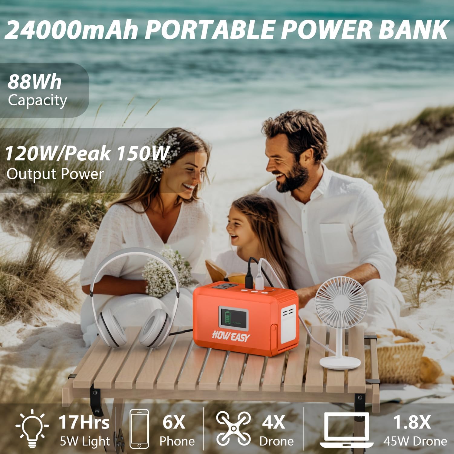 HOWEASY 120W Portable Power Bank, 24000mAh Portable Laptop Charger Battery Backup with 2 110V AC Outlets/ 3 DC Ports/2 USB QC3.0/LED Light for CPAP Outdoor Camping Travel Home Hurricane Emergency