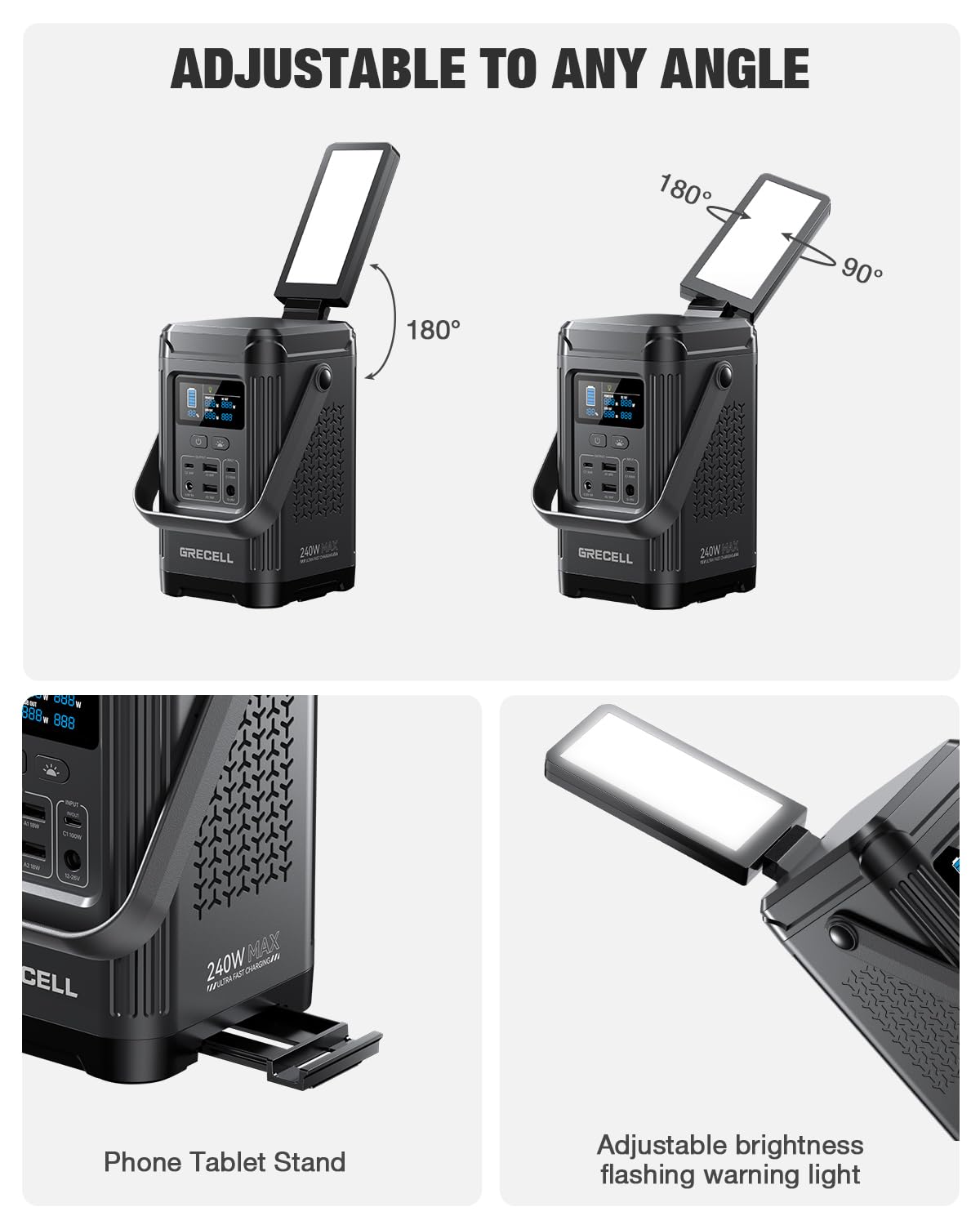 240W Portable Power Station 153.6WH Solar Generator, GRECELL LiFePO4 Battery Dual Way 100W PD, Portable Power Bank with Integrated Stand for Outdoors, Camping, Travel (No Wall Charger Included)
