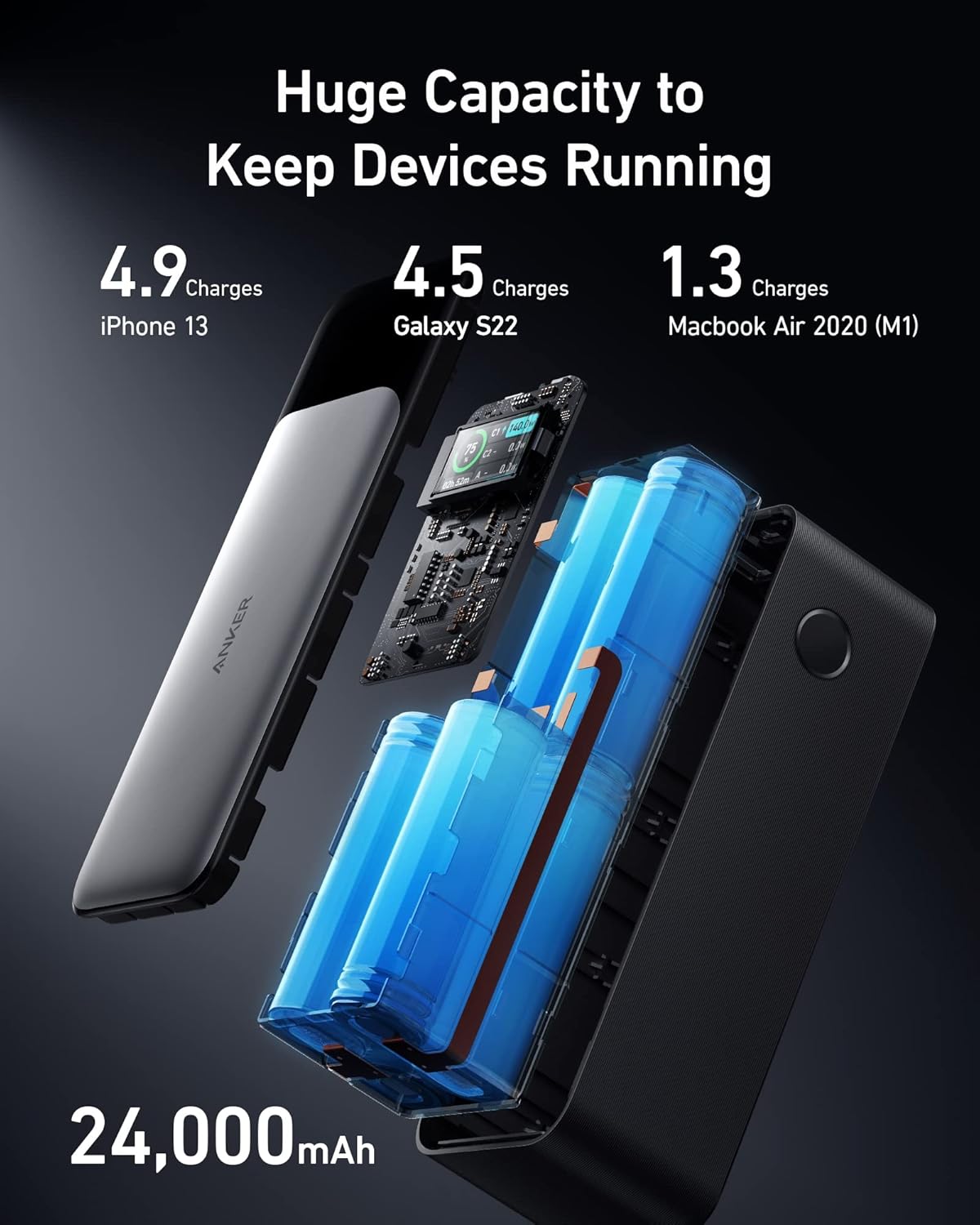 Anker 737 Power Bank, 24,000mAh 3-Port Laptop Portable Charger with 140W Fast Charging, Smart Display, for Outdoor Work, Compatible with iPhone 16/15/14 Series, Vision Pro, Samsung, MacBook, and More