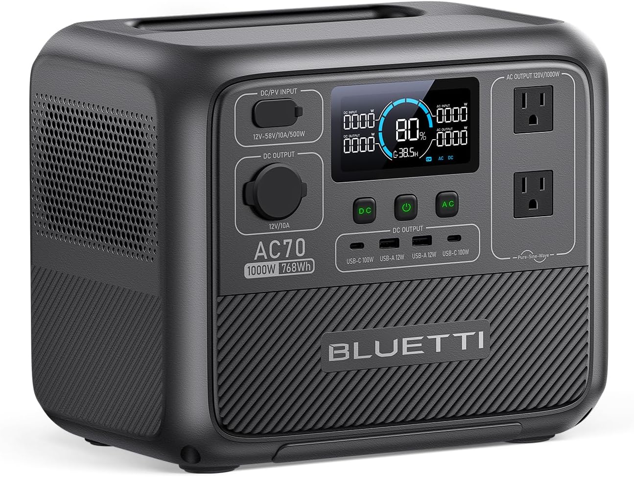 BLUETTI Solar Generator AC70, 768Wh LiFePO4 Battery Backup w/ 2 1000W AC Outlets (Power Lifting 2000W), 100W Type-C, for Road Trip, Off-grid, Power Outage (Solar Panel Optional)