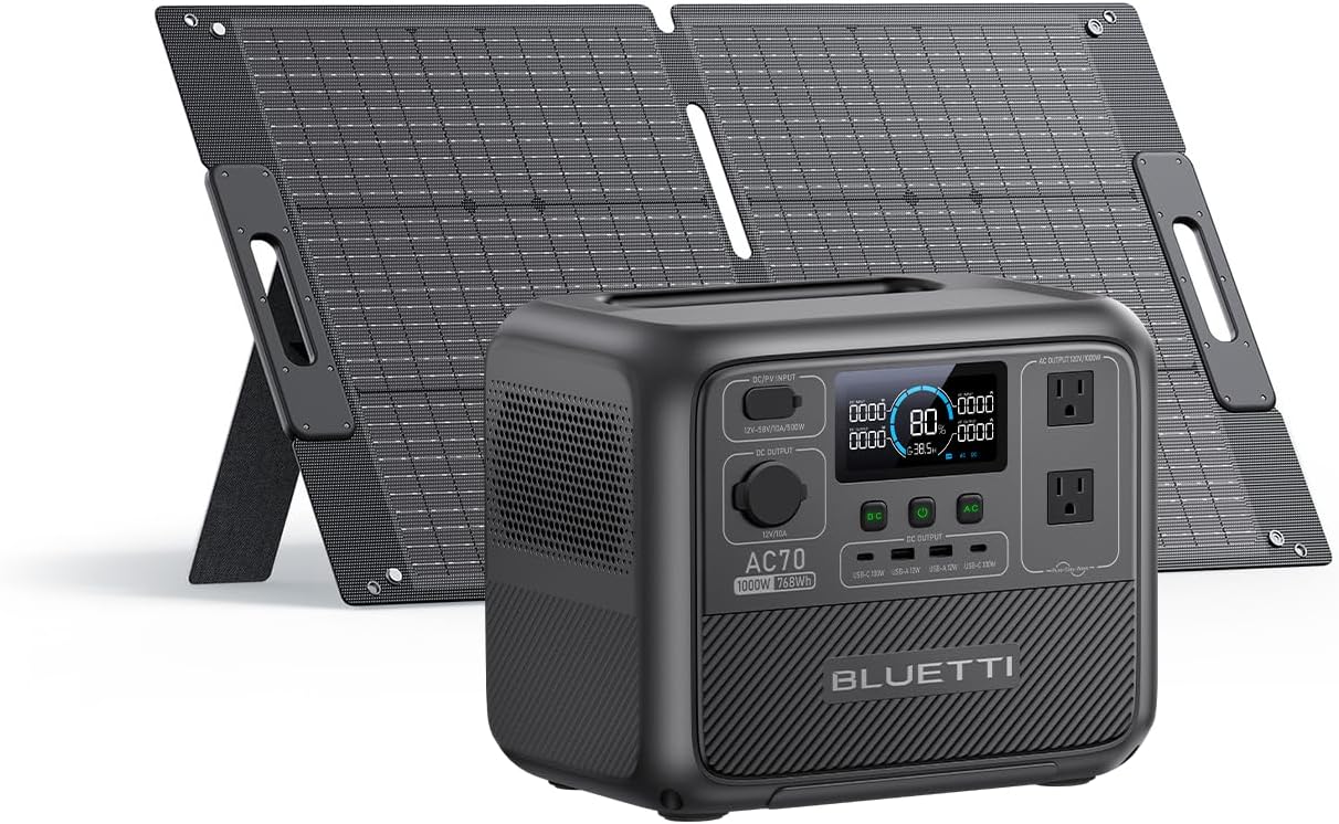 BLUETTI Solar Generator AC70, 768Wh LiFePO4 Battery Backup w/ 2 1000W AC Outlets (Power Lifting 2000W), 100W Type-C, for Road Trip, Off-grid, Power Outage (Solar Panel Optional)