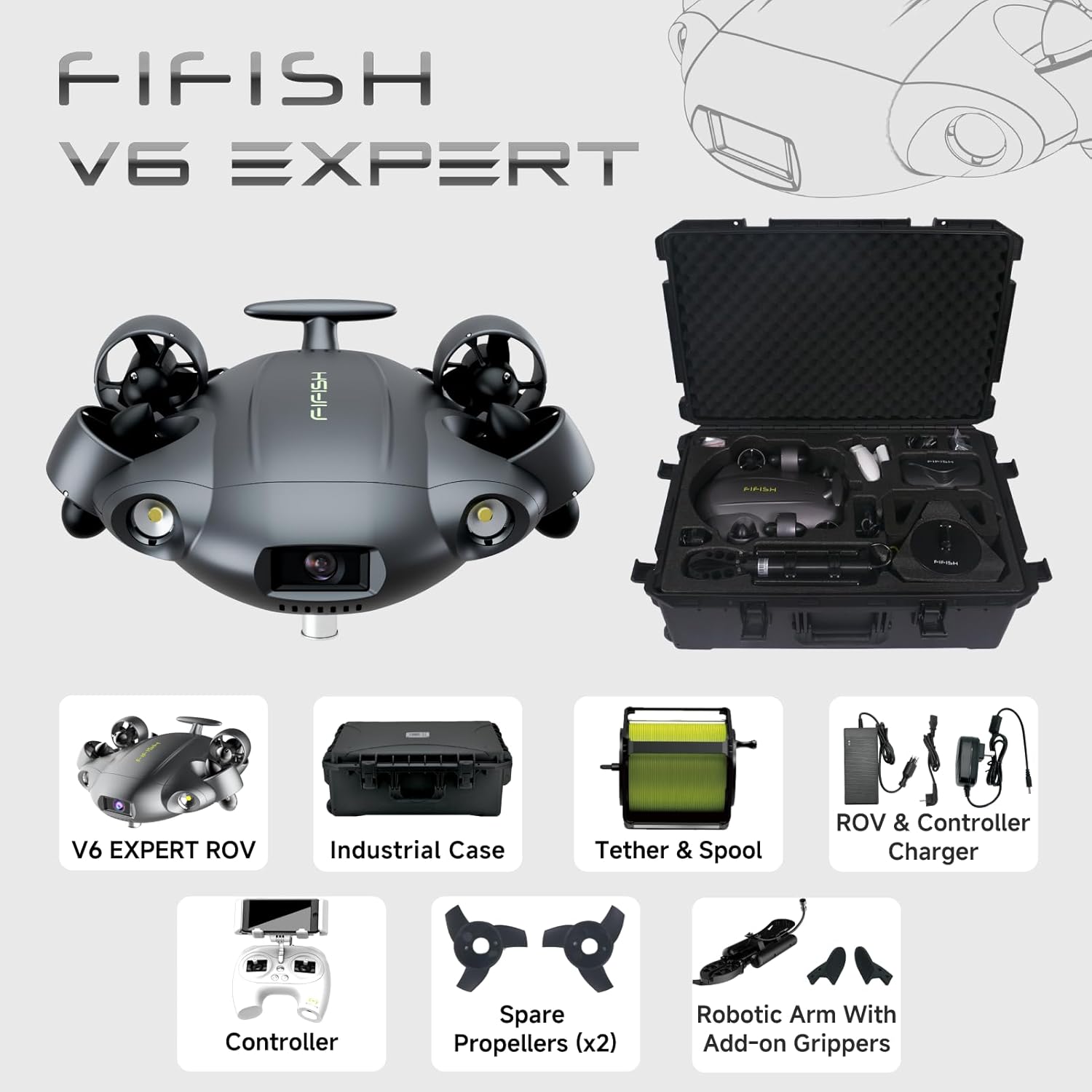 FIFISH QYSEA V6 Expert M200A Underwater Drone with Robotic Arm, AI Vision Lock Portable ROV with Q-Interface, Underwater Robot with Industrial Case, 6 Hours Working Time, 4K Camera, 660ft Dive
