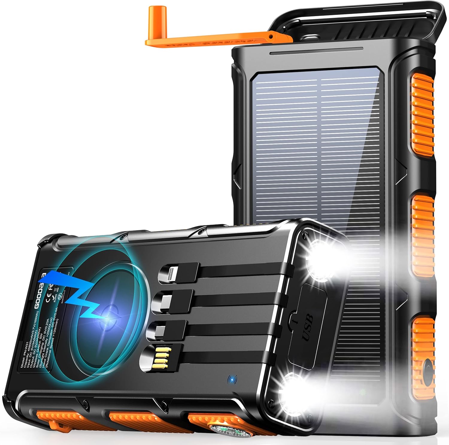 GOODaaa Power Bank Wireless Charger 45800mAh Built in Hand Crank and 4 Cables 15W Fast Charging Power Bank 7 Outputs  4 Inputs Solar Portable Charger, SOS/Strobe/Strong Flashlights, Compass