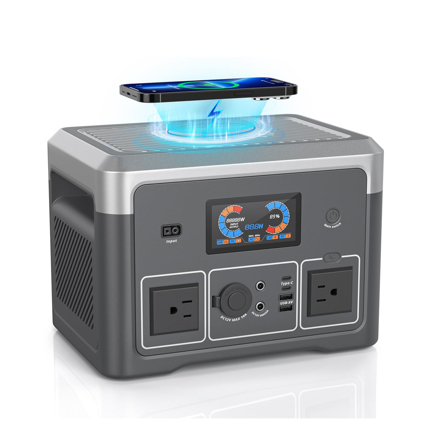 Portable Power Station, 384Wh LiFePO4 Battery Backup, 600W(1800W Peak) Solar Generator with 10 Outlets,UPS Function, Solar Power Station for Home Emergency,Camping,RV, Music PlayerLED Lights