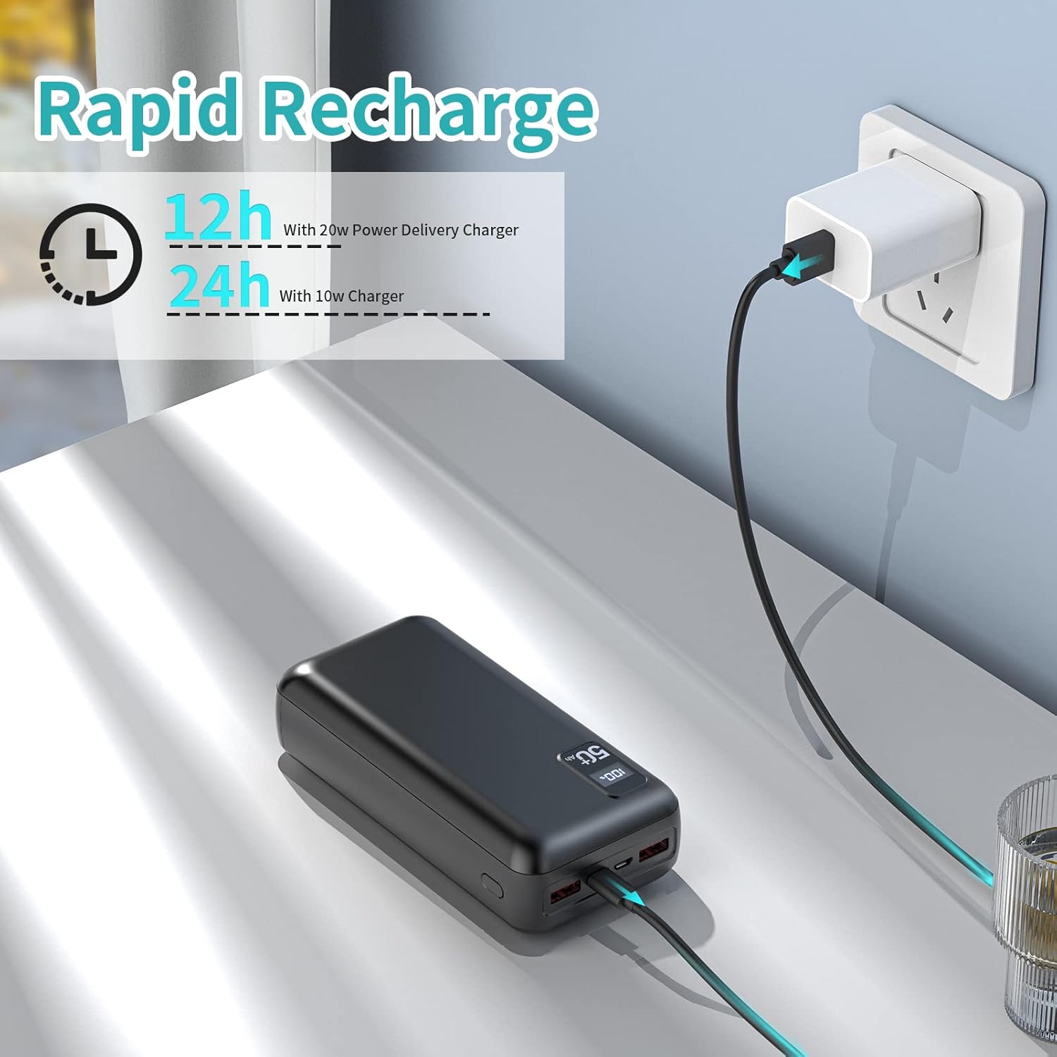 Power Bank 50000mAh 22.5W Fast Charging Portable Charger USB-C Quick Charge with 3 Outputs  2 Inputs LED Display Huge Capacity External Battery Pack for Most Electronic Devices on The Market