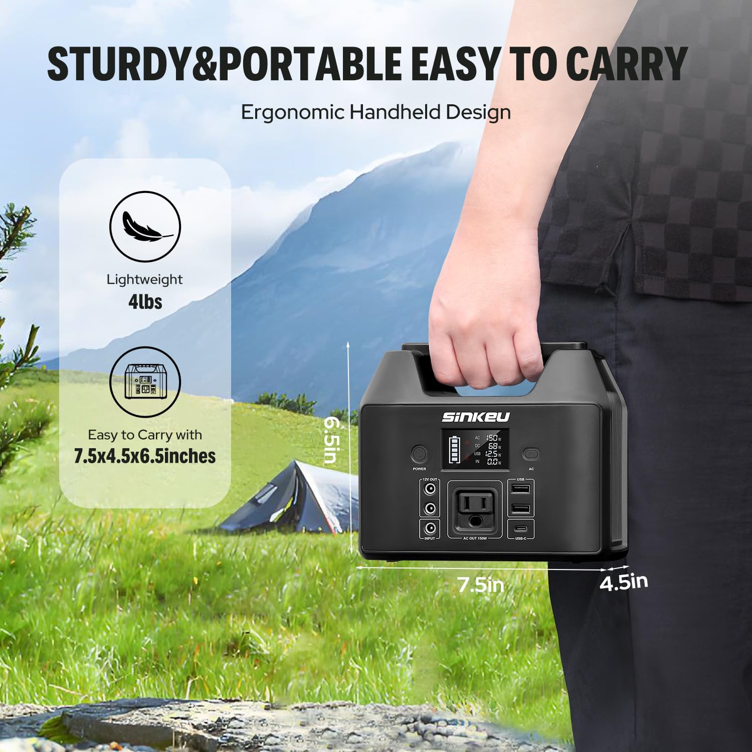 SinKeu Power Bank Station (38,400mAh), 128Wh Portable Power Station, LiFePO4 Battery, 200W Peak Solar Generator for Outdoor Camping, RV Traveling and Hurricane Emergency- Black