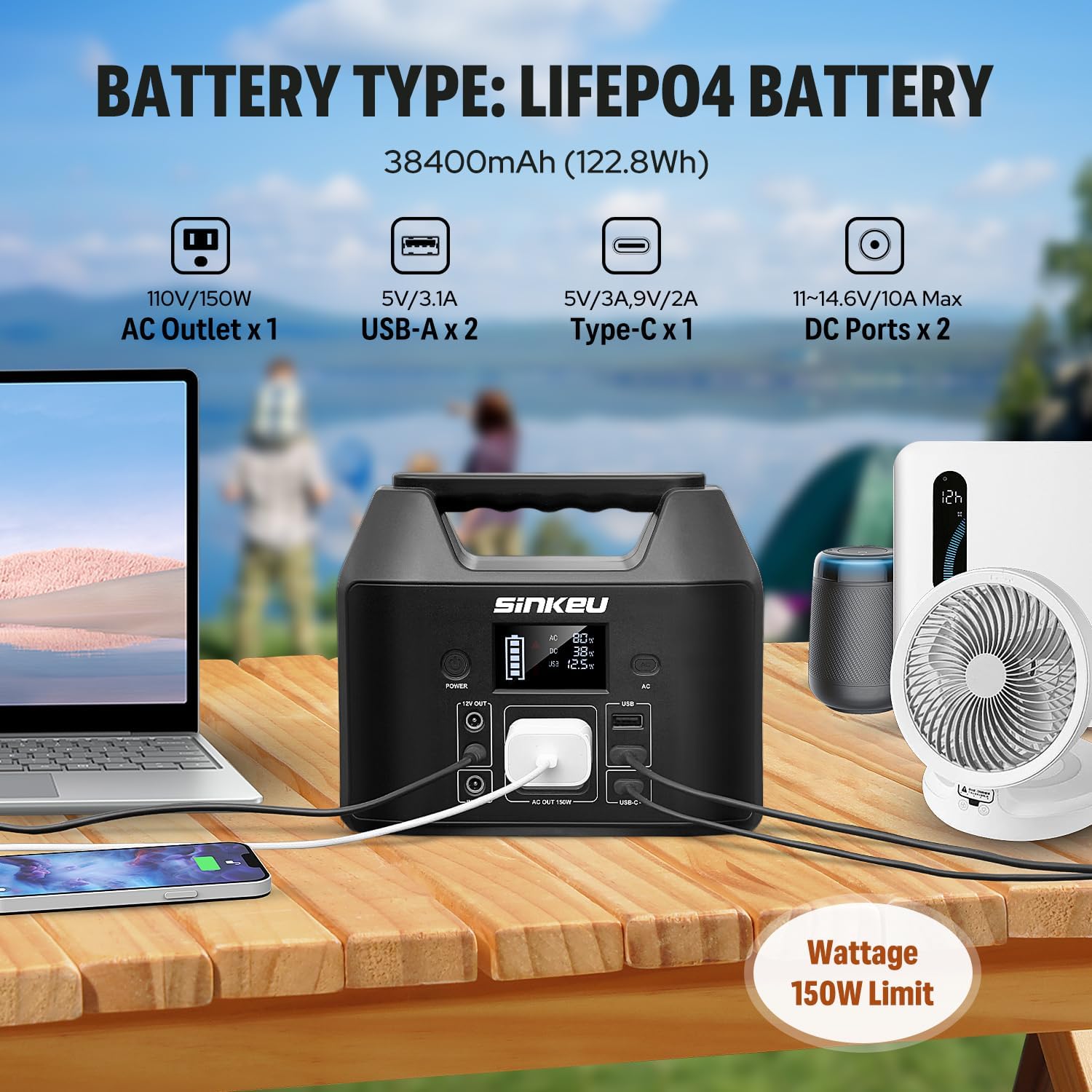 SinKeu Power Bank Station (38,400mAh), 128Wh Portable Power Station, LiFePO4 Battery, 200W Peak Solar Generator for Outdoor Camping, RV Traveling and Hurricane Emergency- Black
