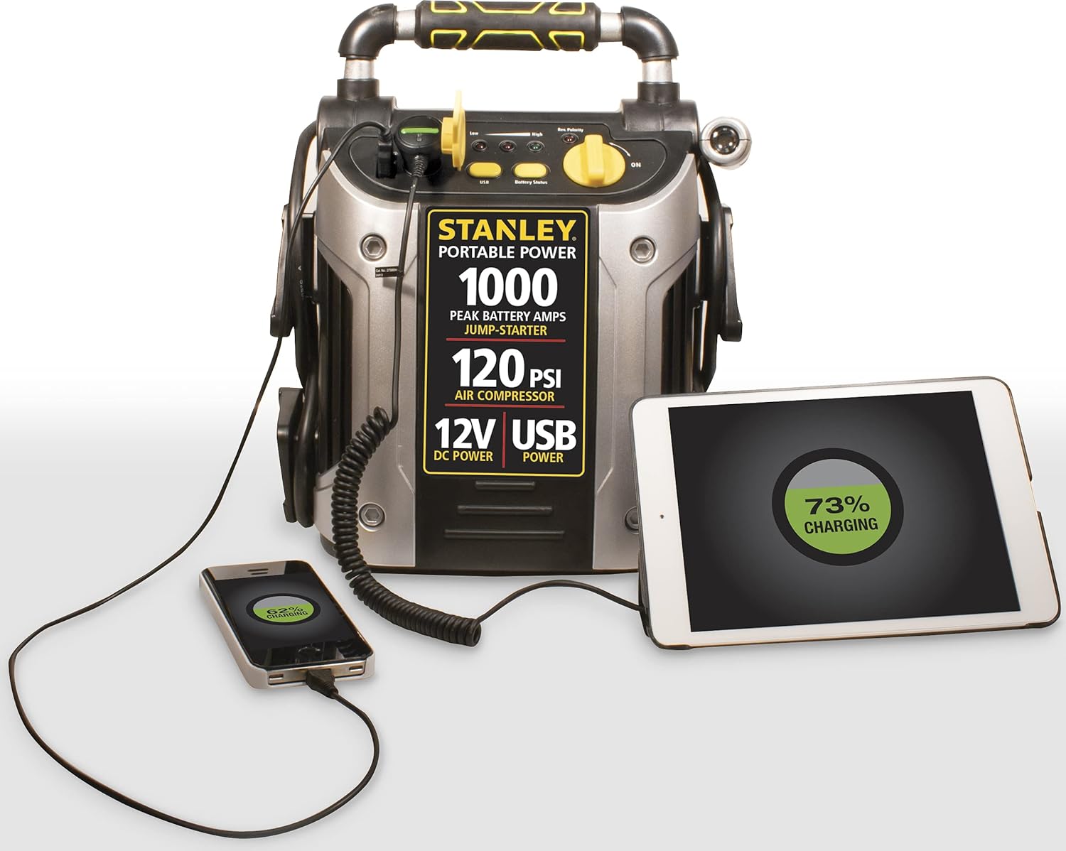 STANLEY J5C09 JUMPiT Portable Power Station Jump Starter: 1000 Peak/500 Instant Amps, 120 PSI Air Compressor, USB Port, Battery Clamps