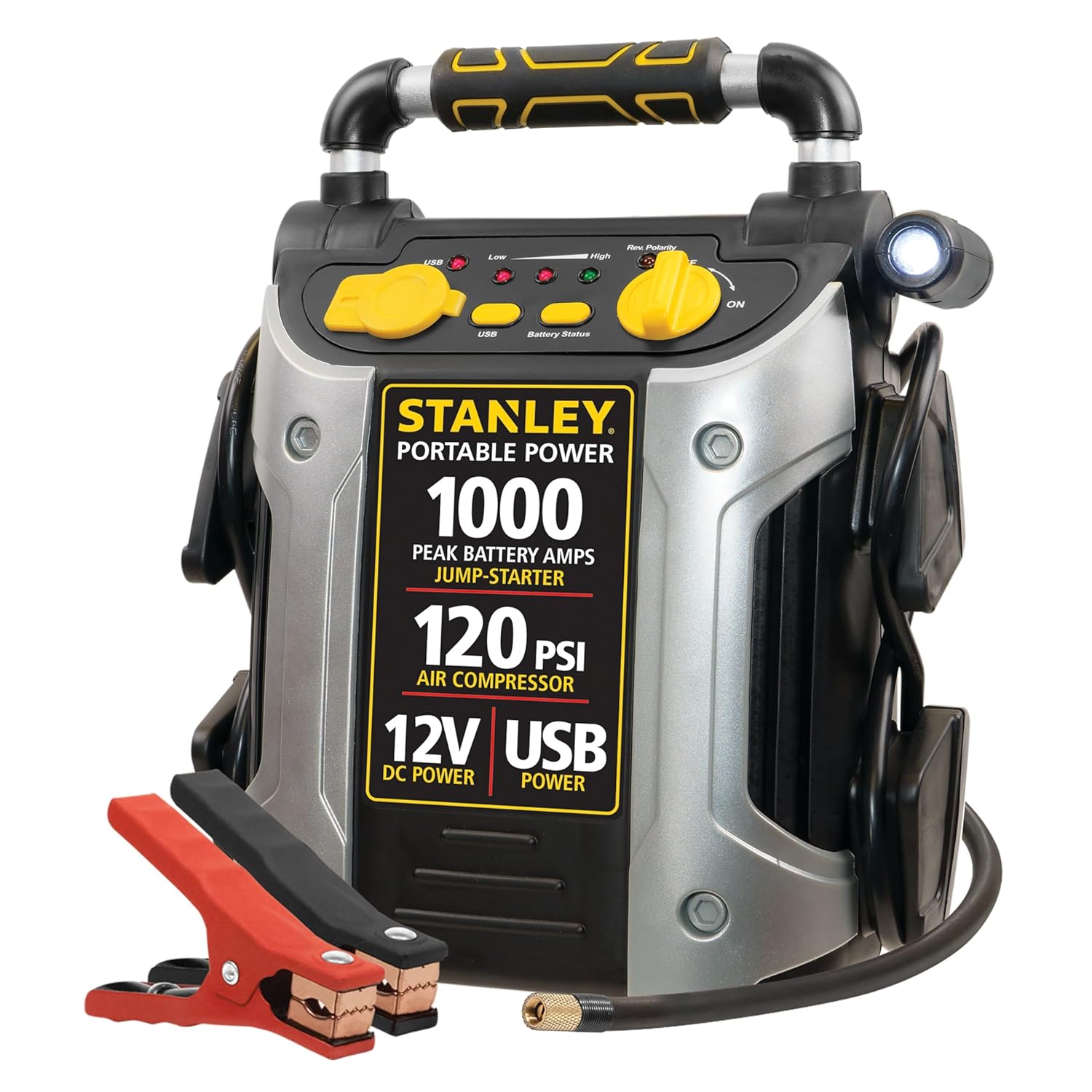 STANLEY J5C09 JUMPiT Portable Power Station Jump Starter: 1000 Peak/500 Instant Amps, 120 PSI Air Compressor, USB Port, Battery Clamps