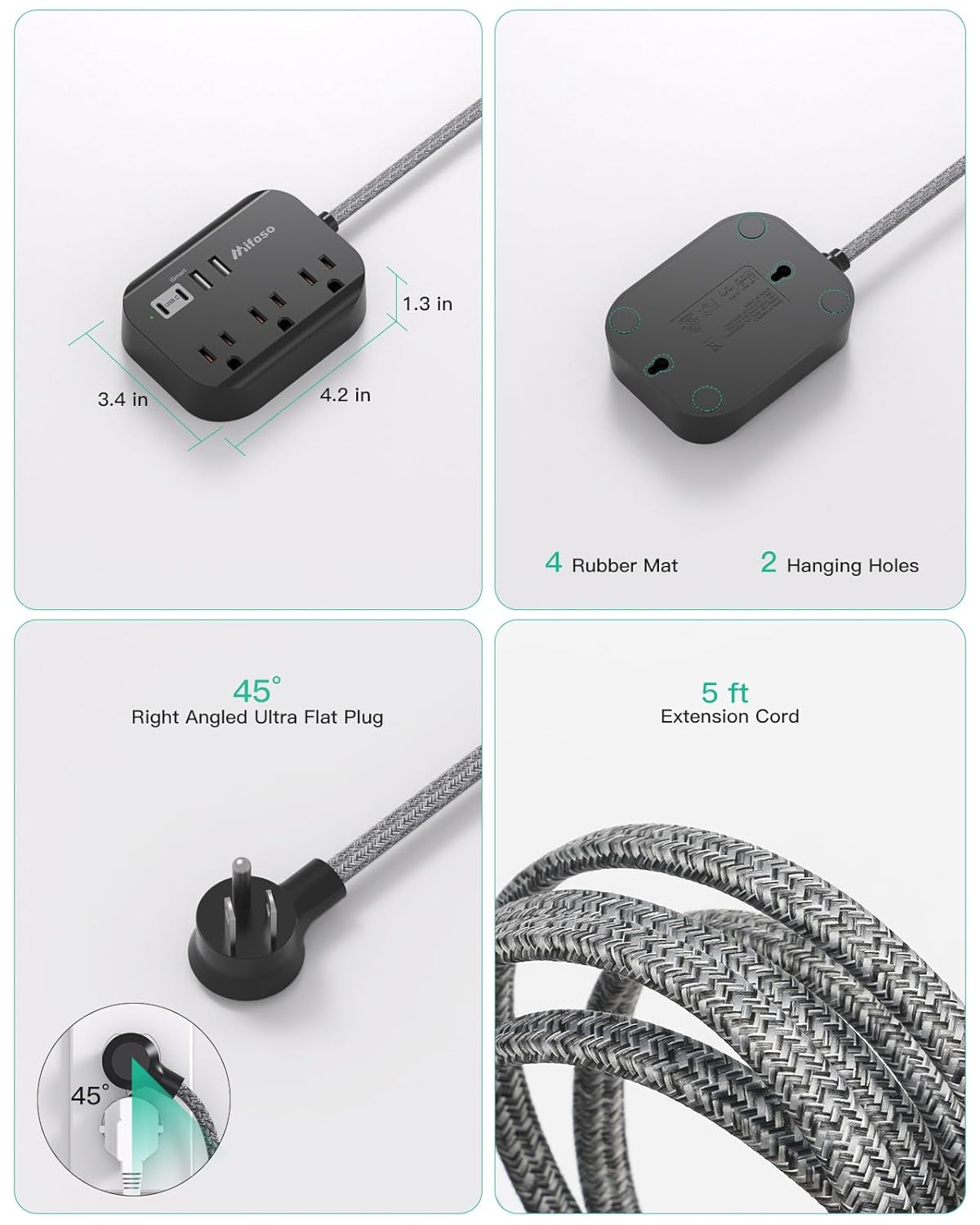 Travel Essentials - Mifaso Power Strip with USB, Compact Flat Plug Extension Cord 5ft with 3 Outlets 4 USB Ports, Non Surge Cruise Must Haves, Cruise Ship Essentials, Dorm Room, Apartment Essentials