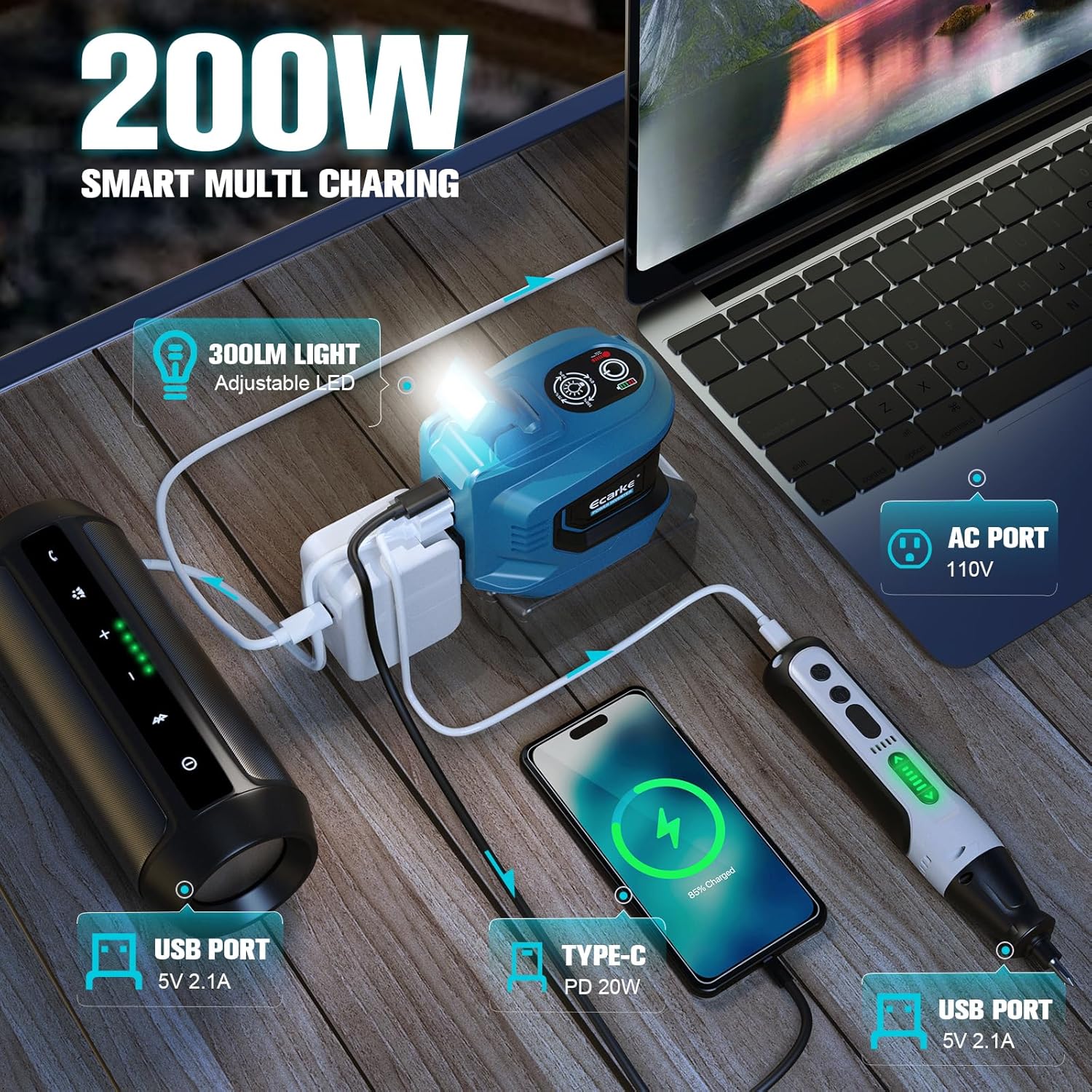 200W Power Inverter for 20V DeWalt Battery, Ecarke 2PCS DC 20V to AC 110V Battery Inverter, Portable Power Station Generator, Charger Adapter Powered Outlet with 2 USB Ports 1 Type-C 1 AC Outlet