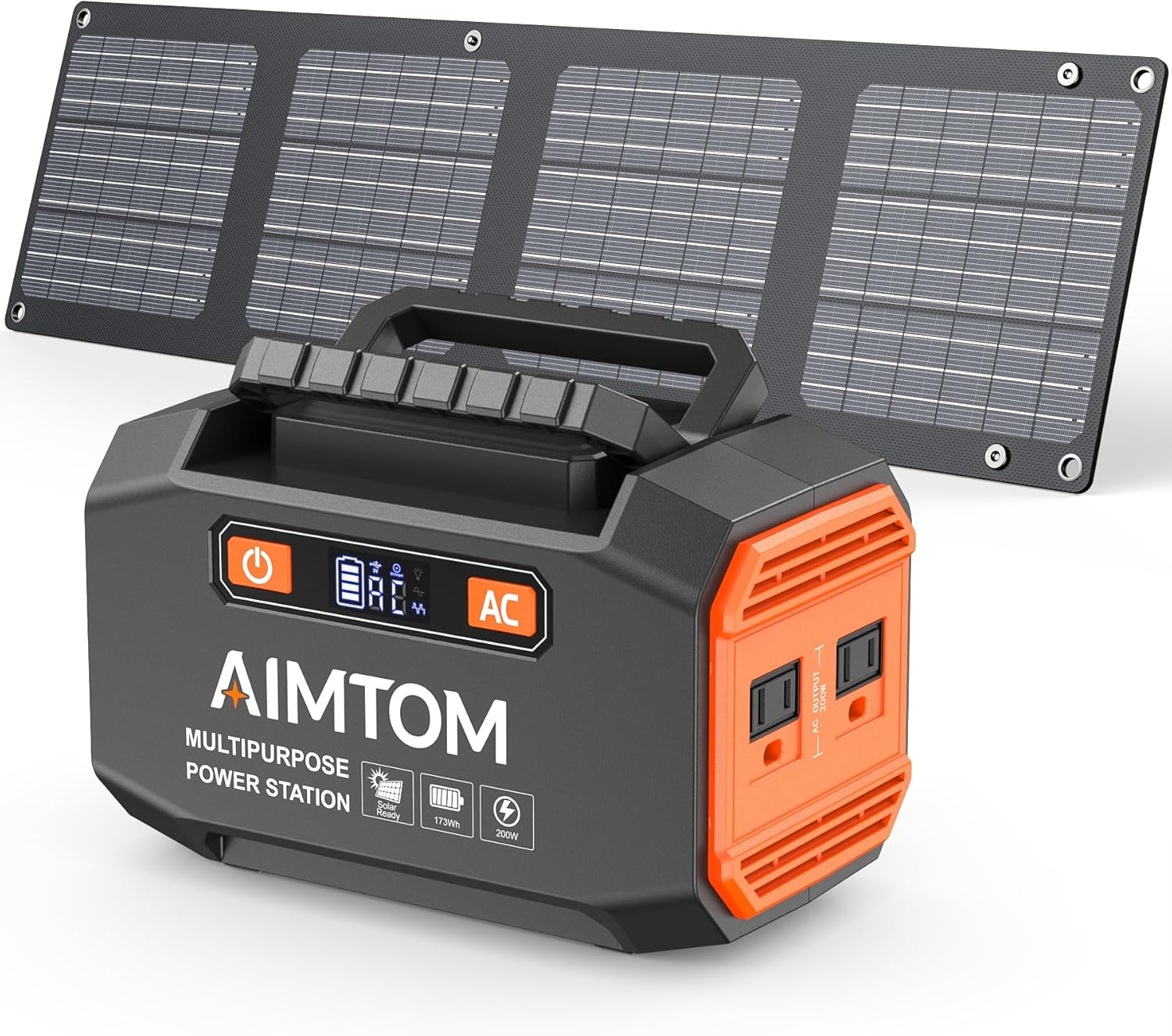 AIMTOM 155Wh Portable Power Station, 42000mAh Lithium Backup Battery with Flashlight, Solar Charging Option – 150W Peak (100W AC), 12V DC, USB USB-C for Camping, Home, RV, Travel Digital Nomads