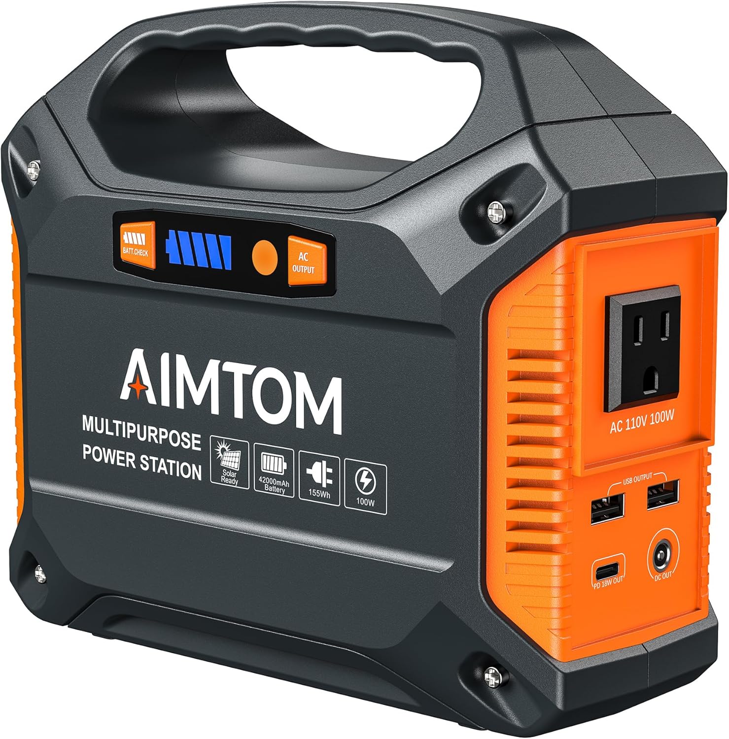 AIMTOM 155Wh Portable Power Station, 42000mAh Lithium Backup Battery with Flashlight, Solar Charging Option – 150W Peak (100W AC), 12V DC, USB USB-C for Camping, Home, RV, Travel Digital Nomads