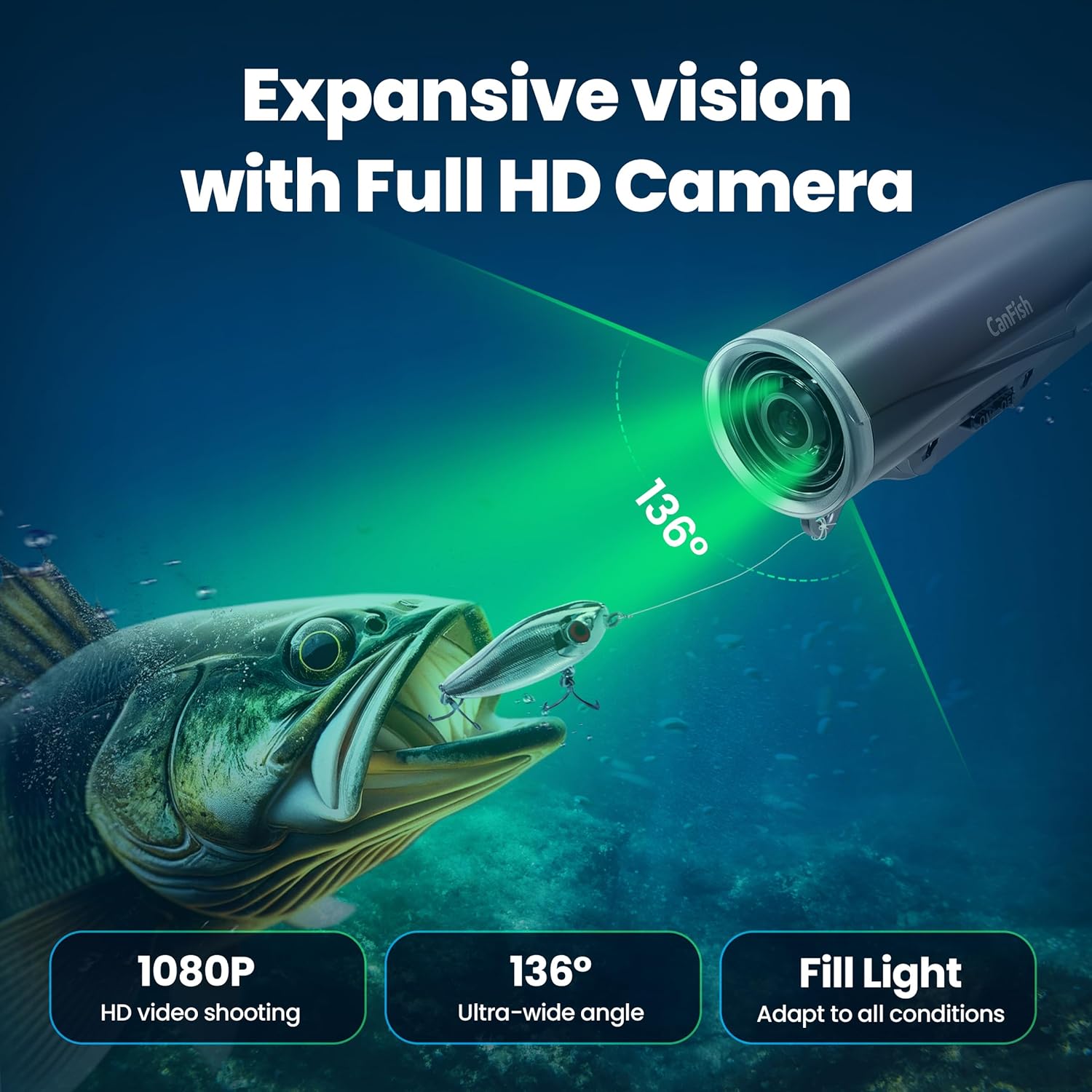 CanFish Fishing CamX Fishing Finders Camera,Lure Action Camera HD 1080P 136°Ultra-Wide-Angle,656FT ROV Waterproof/Motion Sensing/Segmented Intelligent Recording/Wireless Charge/App Compatible (Grey)