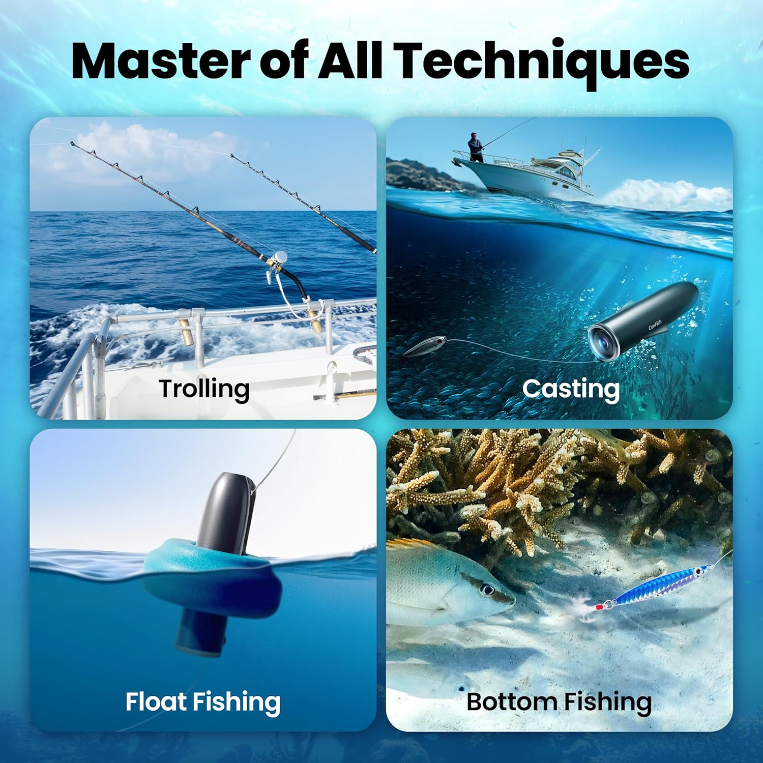 CanFish Fishing CamX Fishing Finders Camera,Lure Action Camera HD 1080P 136°Ultra-Wide-Angle,656FT ROV Waterproof/Motion Sensing/Segmented Intelligent Recording/Wireless Charge/App Compatible (Grey)