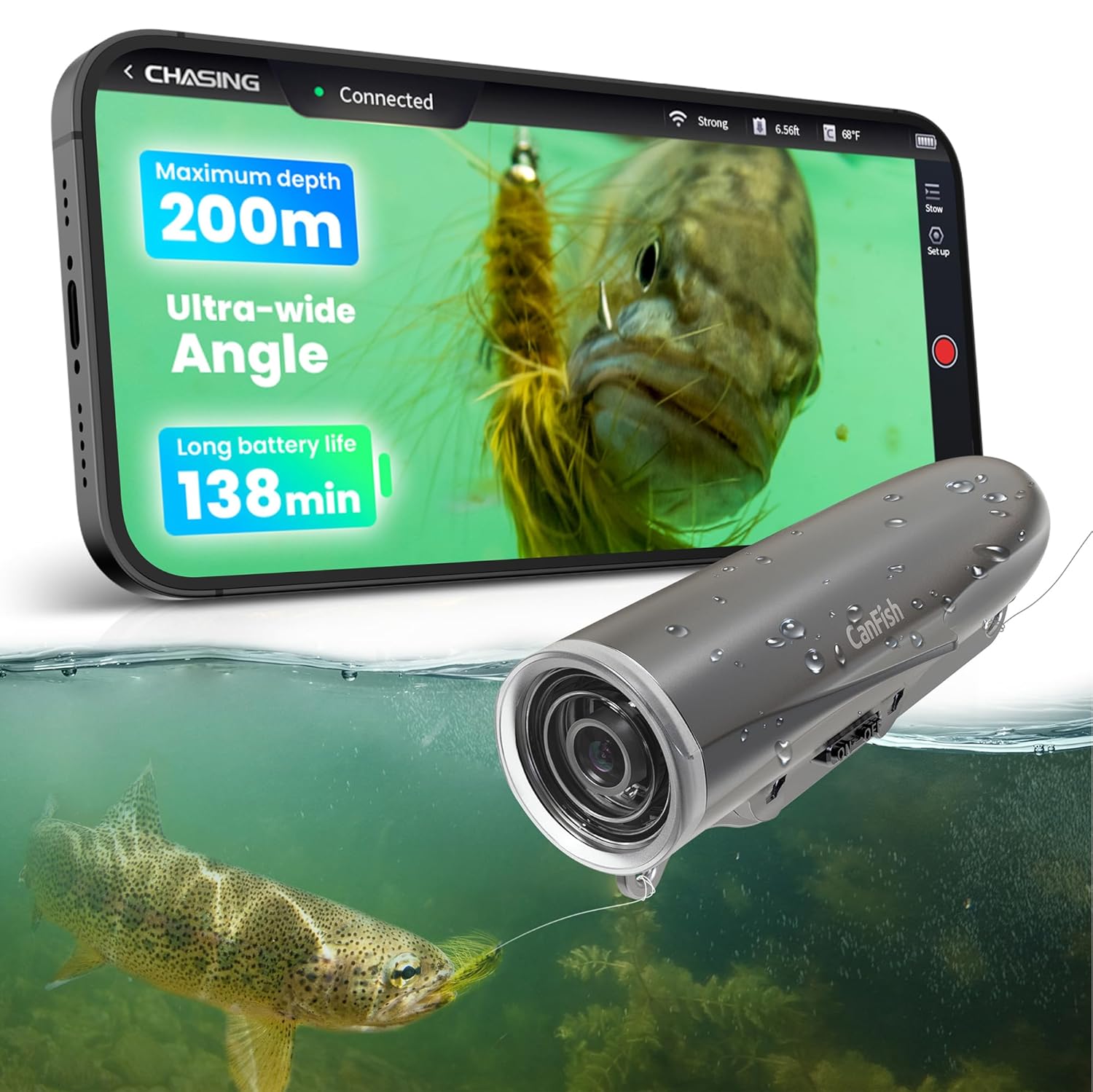 CanFish Fishing CamX Fishing Finders Camera,Lure Action Camera HD 1080P 136°Ultra-Wide-Angle,656FT ROV Waterproof/Motion Sensing/Segmented Intelligent Recording/Wireless Charge/App Compatible (Grey)