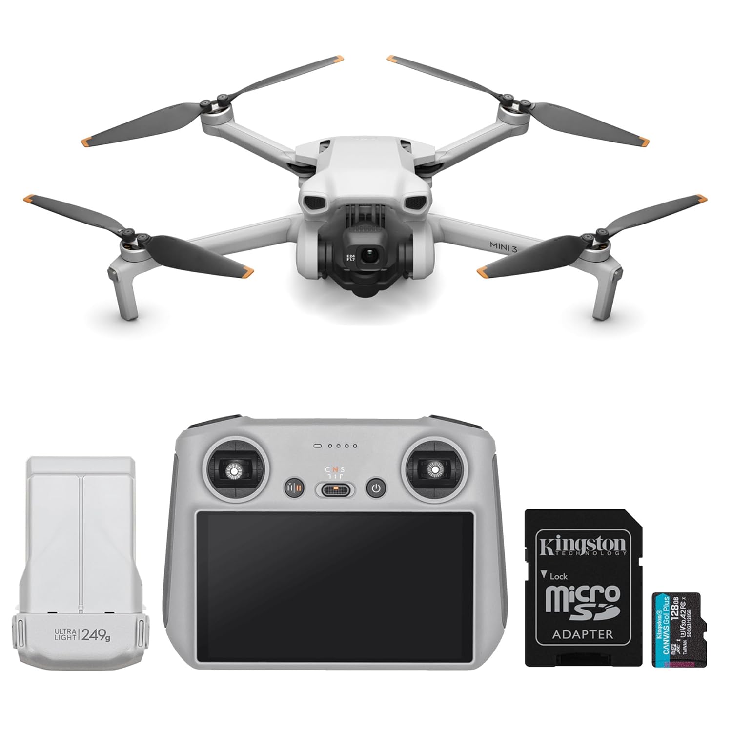 DJI Mini 3 Quadcopter Drone with DJI RC Remote Controller and 128GB Memory Card- Lightweight and Foldable Mini Camera Drone with 4K HDR Video, True Vertical Shooting (2 Items)