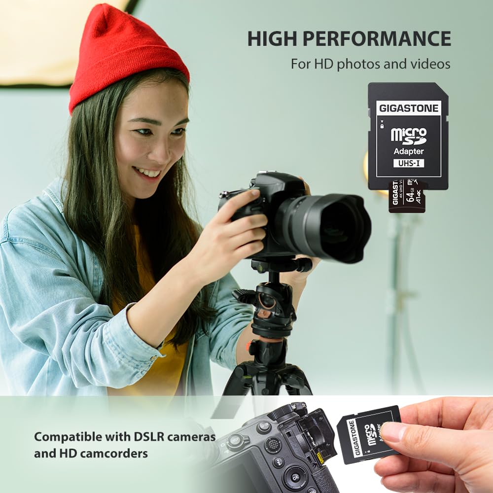 GIGASTONE 64GB Micro SD Card 5-Pack, A1 V30 4K Video Recording, Surveillance Security Cam Action Camera Drone Professional, 90MB/s Micro SDXC UHS-I A1 Class 10, with Adapters