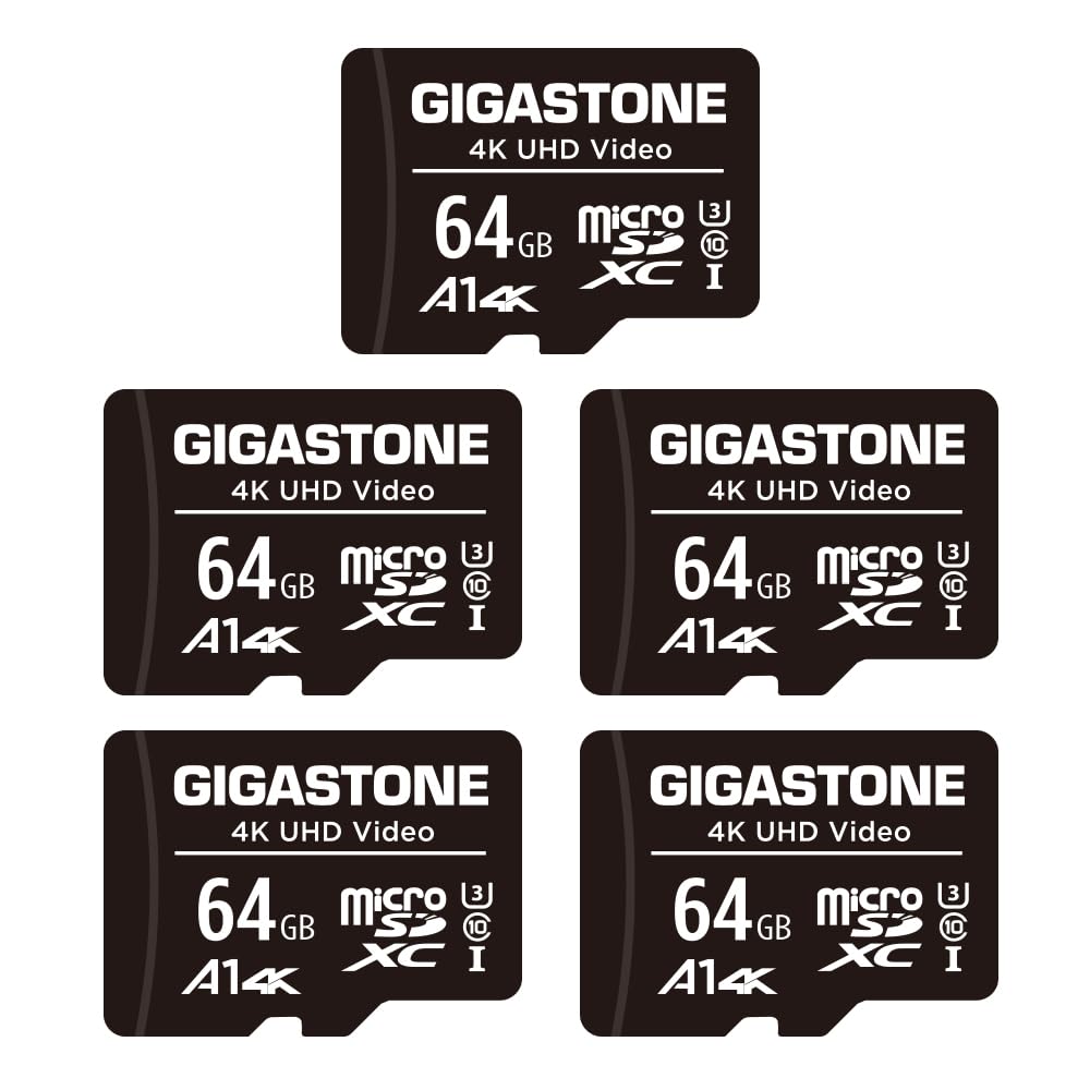 GIGASTONE 64GB Micro SD Card 5-Pack, A1 V30 4K Video Recording, Surveillance Security Cam Action Camera Drone Professional, 90MB/s Micro SDXC UHS-I A1 Class 10, with Adapters