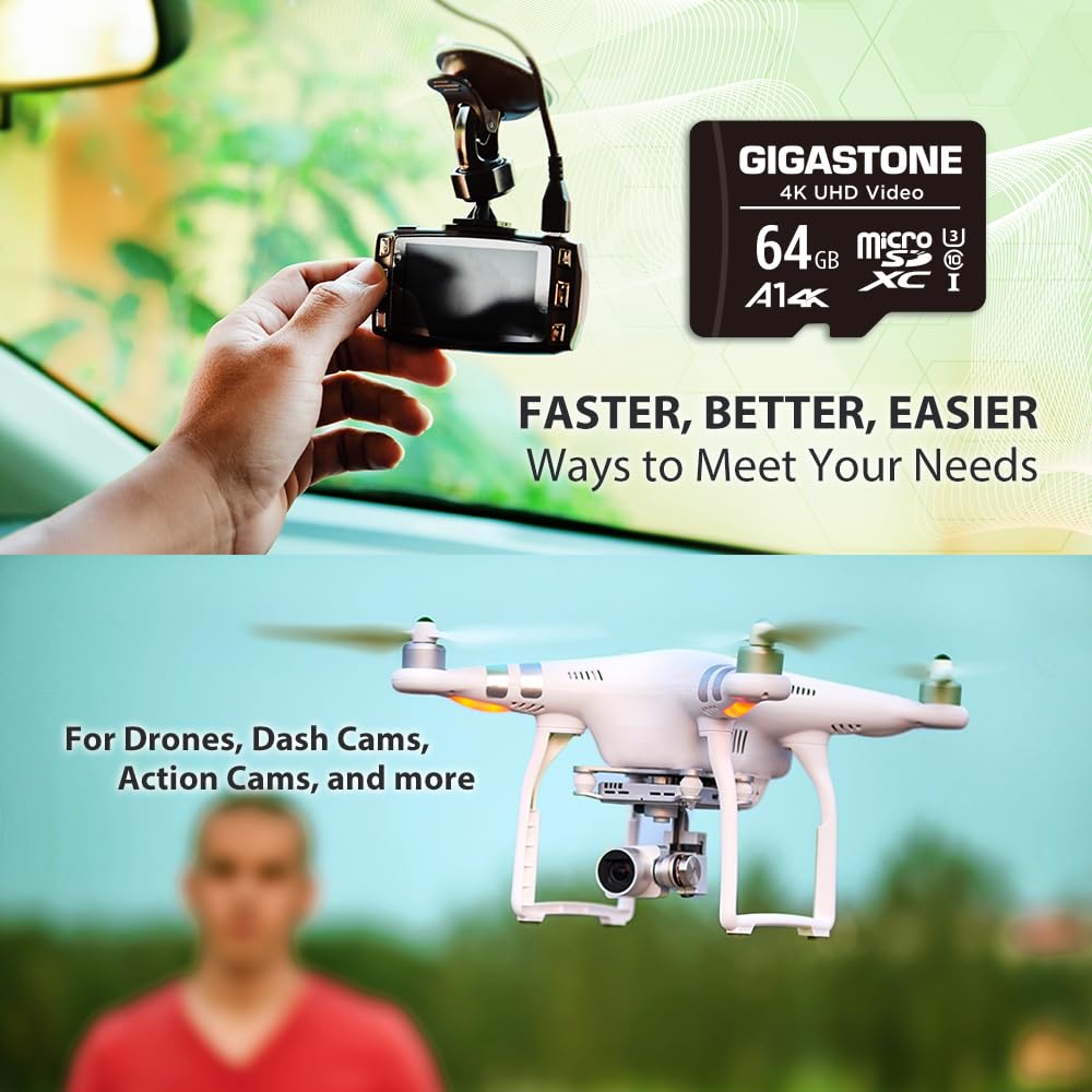 GIGASTONE 64GB Micro SD Card 5-Pack, A1 V30 4K Video Recording, Surveillance Security Cam Action Camera Drone Professional, 90MB/s Micro SDXC UHS-I A1 Class 10, with Adapters