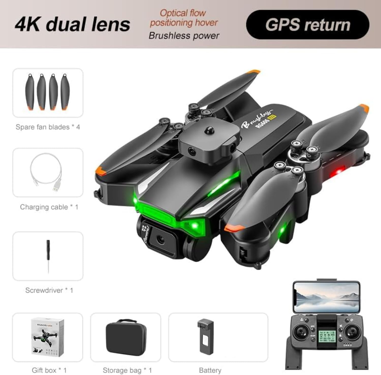 GPS Drone with Dual HD Camera Foldable Drones for Beginners with Battery Obstacle Avoidance, One Key Start/Off, Headless Mode Wind Resistance GPS Return Quadcopter, RG606 Pro Drone